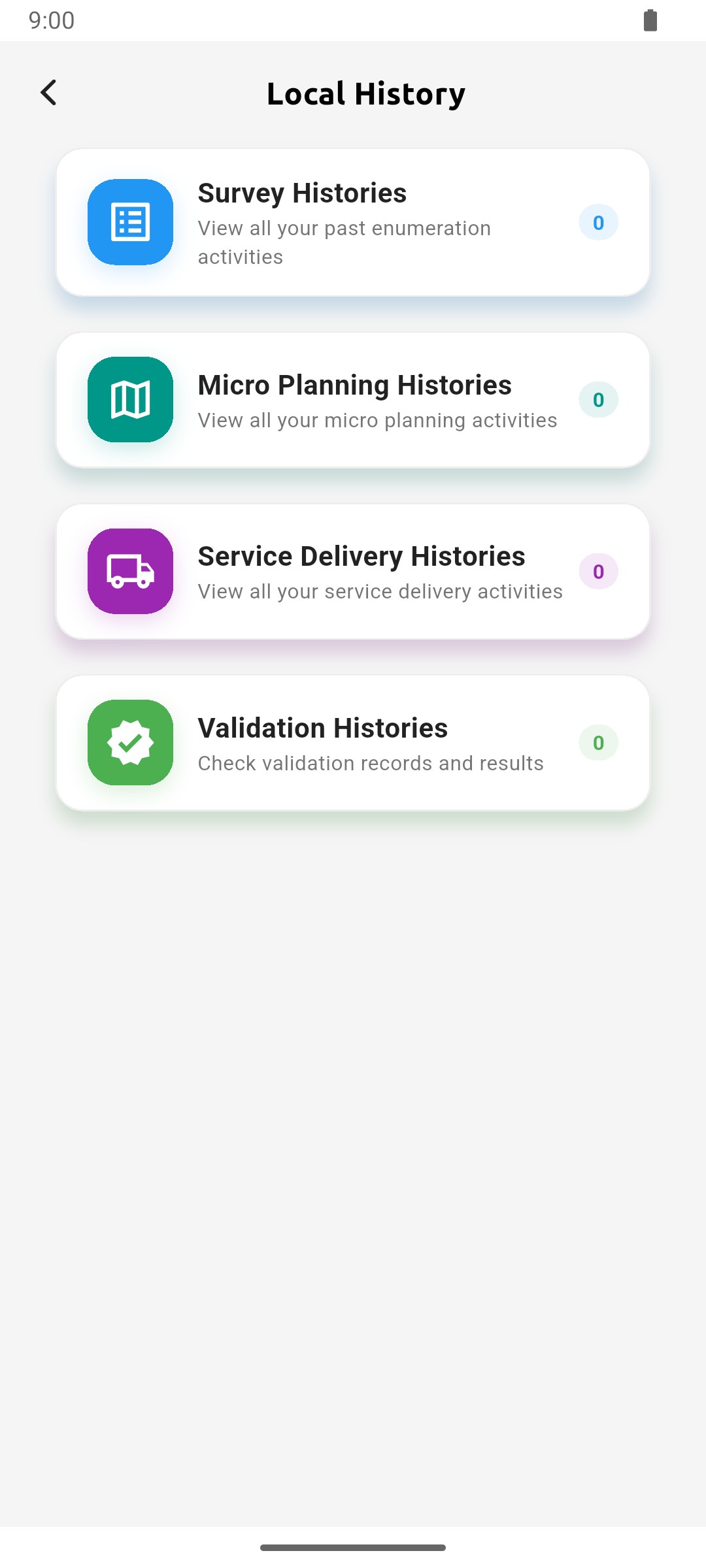 Local History screen with survey, micro planning, service delivery and validation histories
