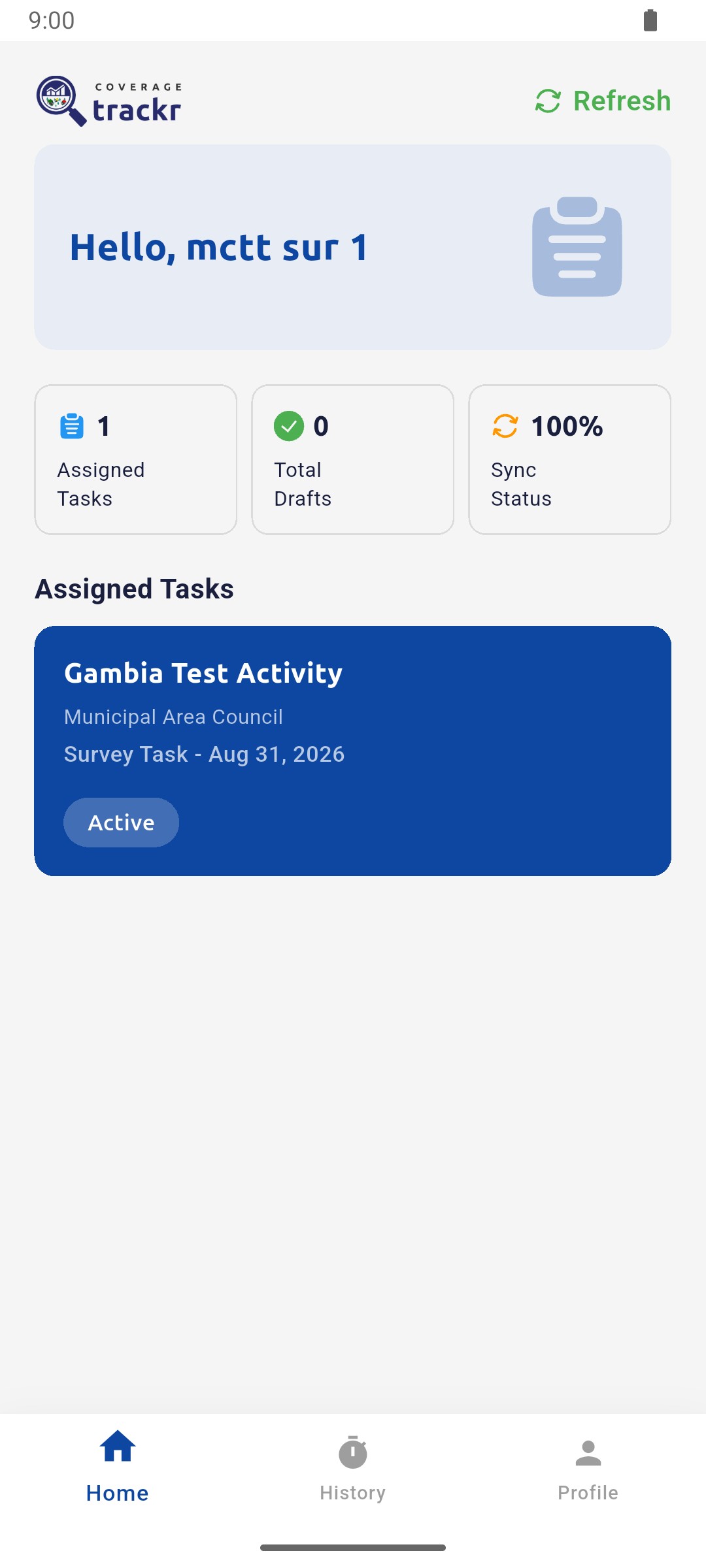 Home screen with the Gambia Test Activity task