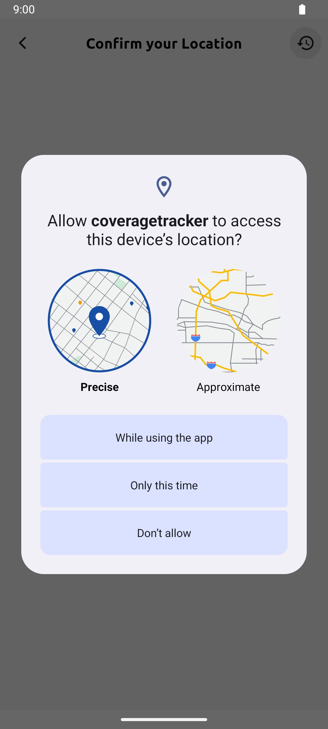 Android prompt asking to allow the app to access this device's location