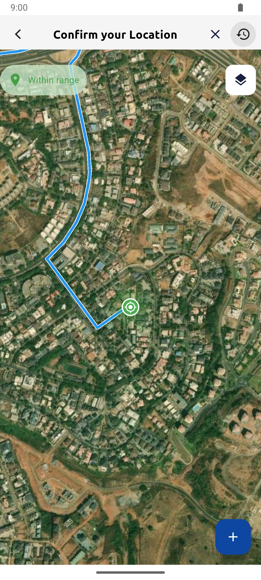 Confirm your Location map showing Within range and a route to the current position