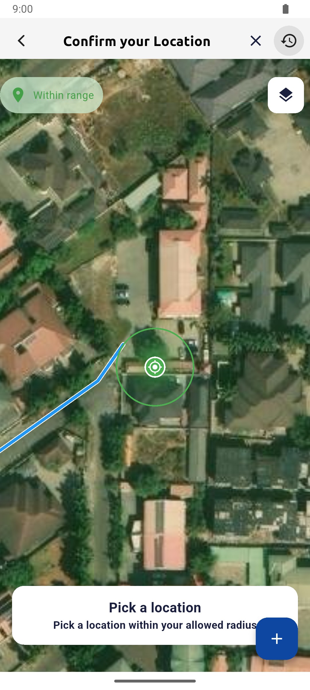 Zoomed map showing the green allowed-radius circle around the current position