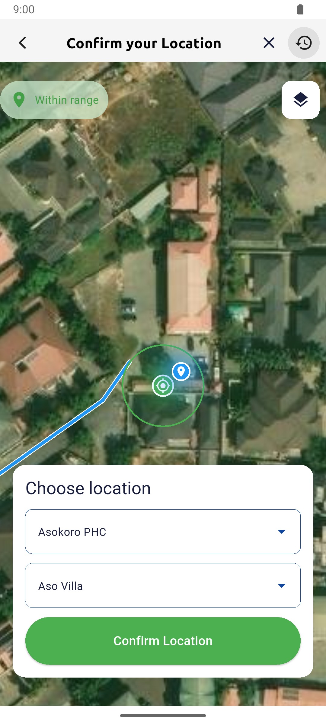 Choose location with Asokoro PHC and Aso Villa selected and the Confirm Location button