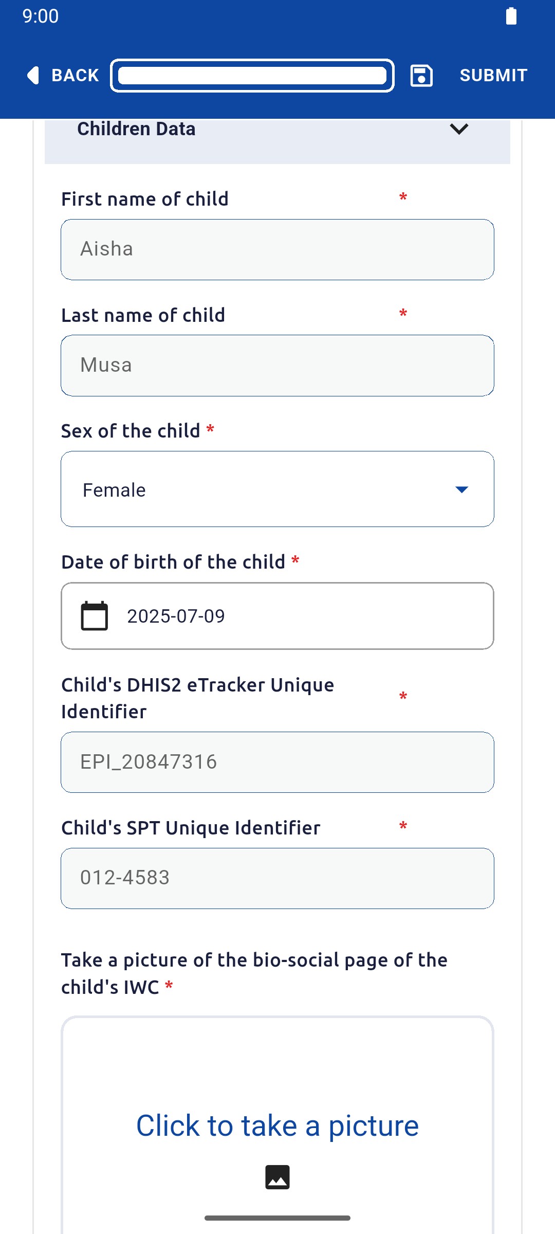 Children Data with the child's name, sex, date of birth and identifiers entered
