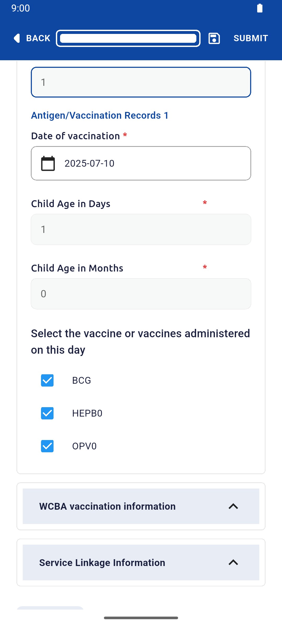 Vaccination record with date 2025-07-10, calculated age and BCG, HEPB0 and OPV0 ticked