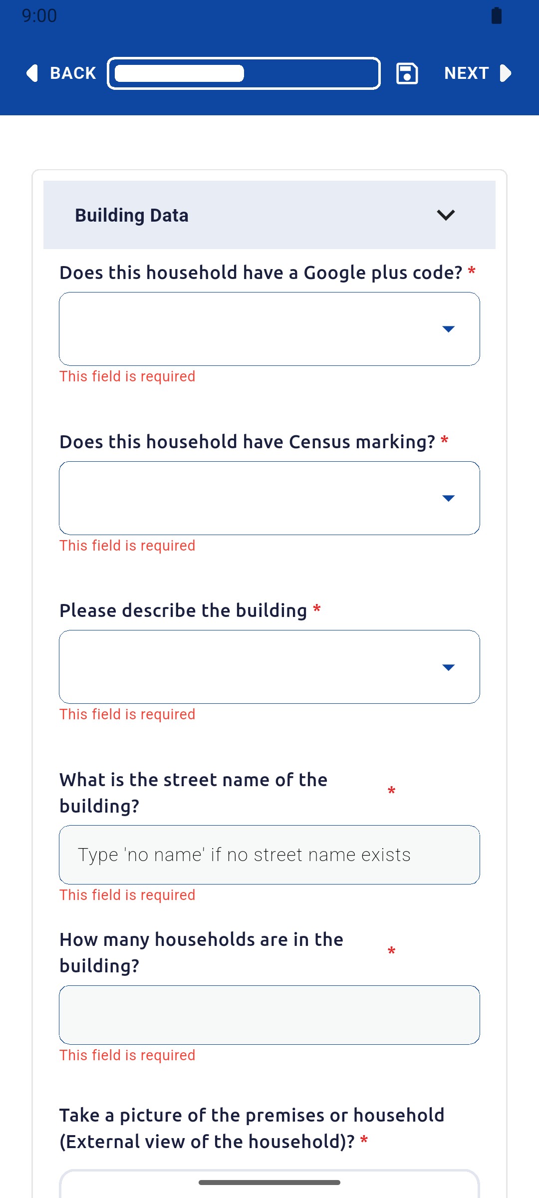 Empty Building Data section with required-field messages