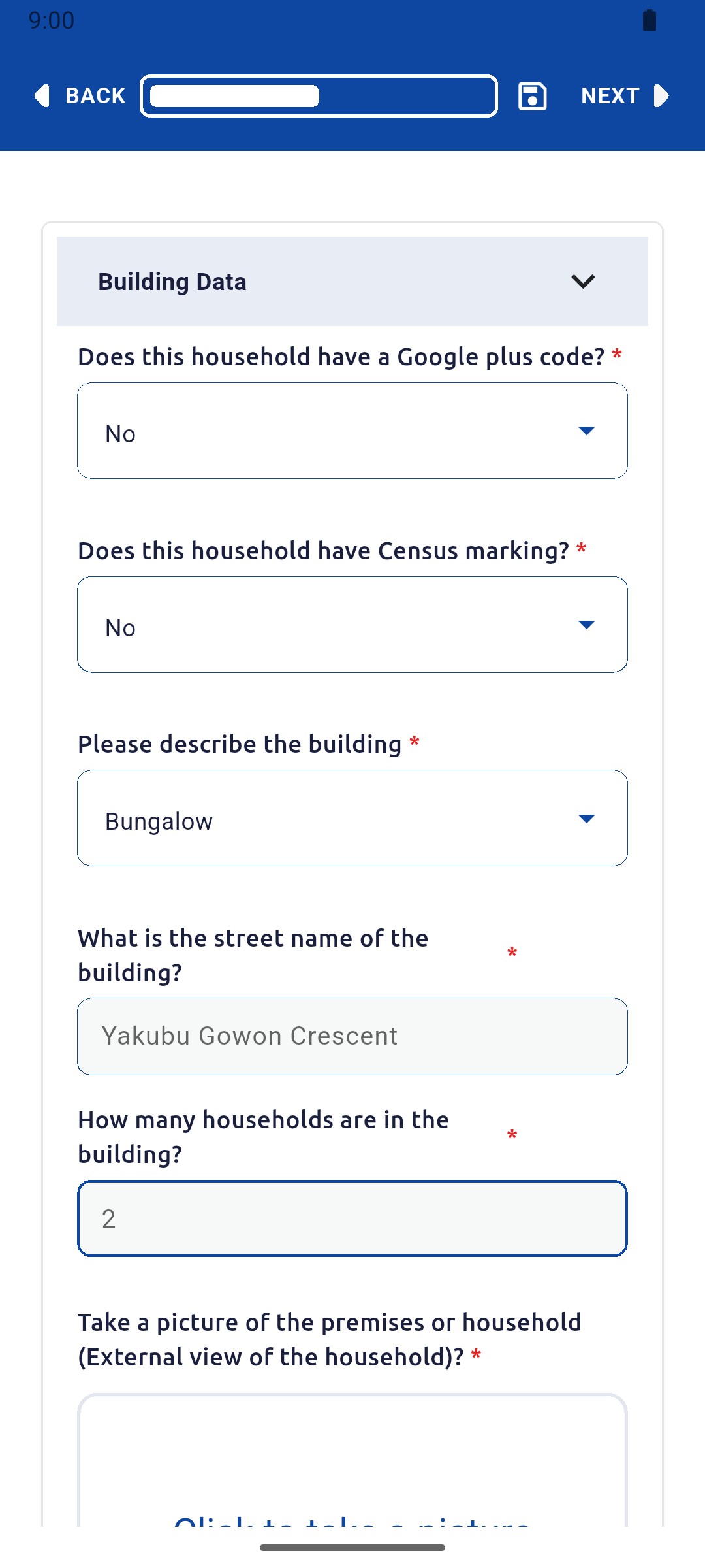Building Data with No, No, Bungalow, Yakubu Gowon Crescent and 2 households entered