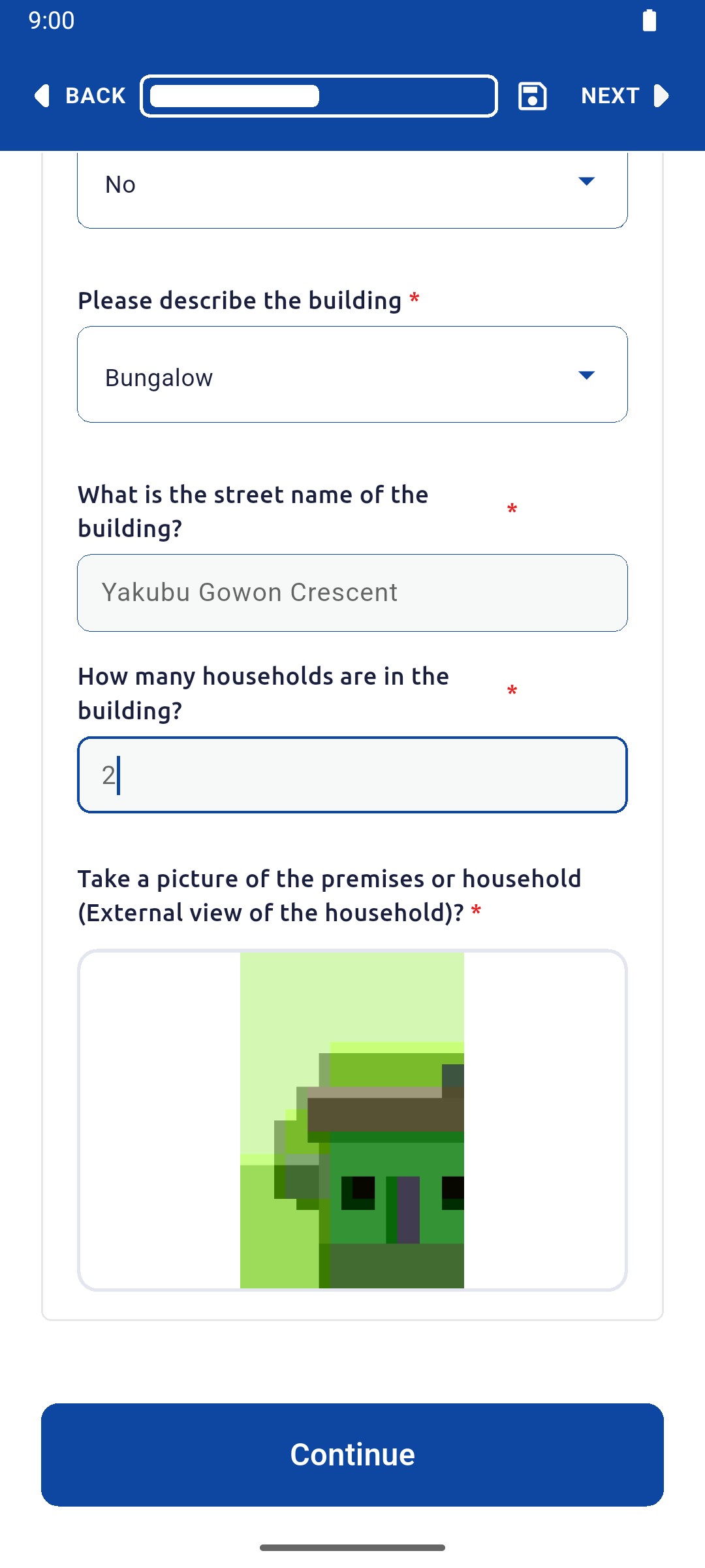 Building Data with the photo attached and the Continue button