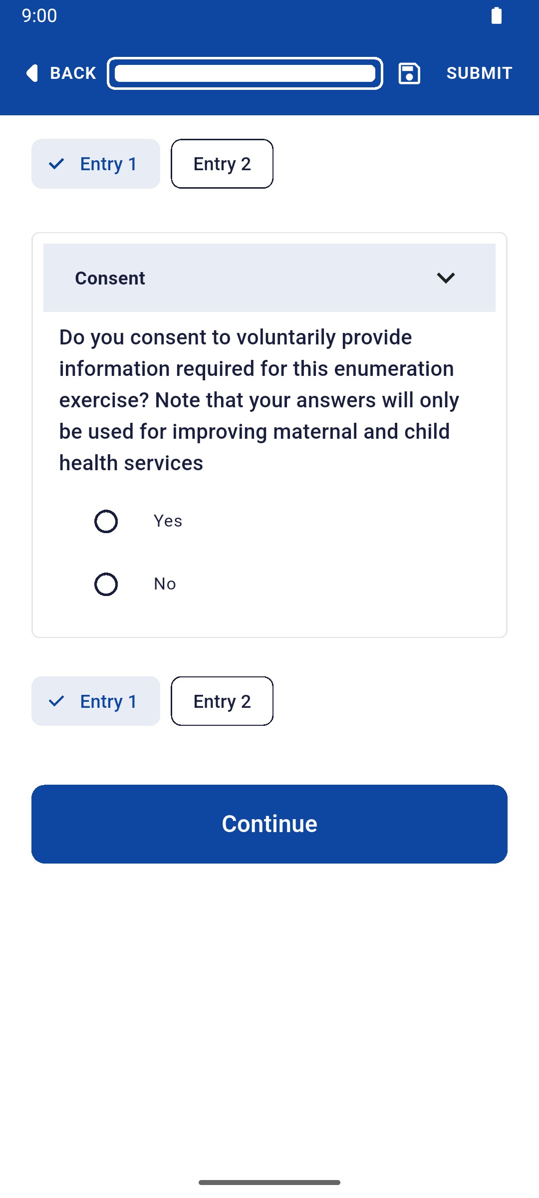 Consent question for Entry 1 with Yes and No options