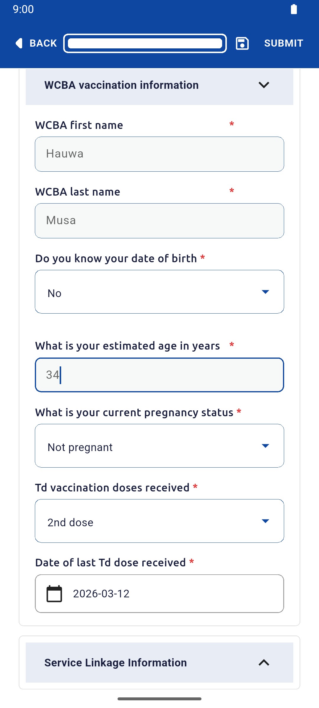 WCBA vaccination information with name, age, pregnancy status, Td doses and last dose date