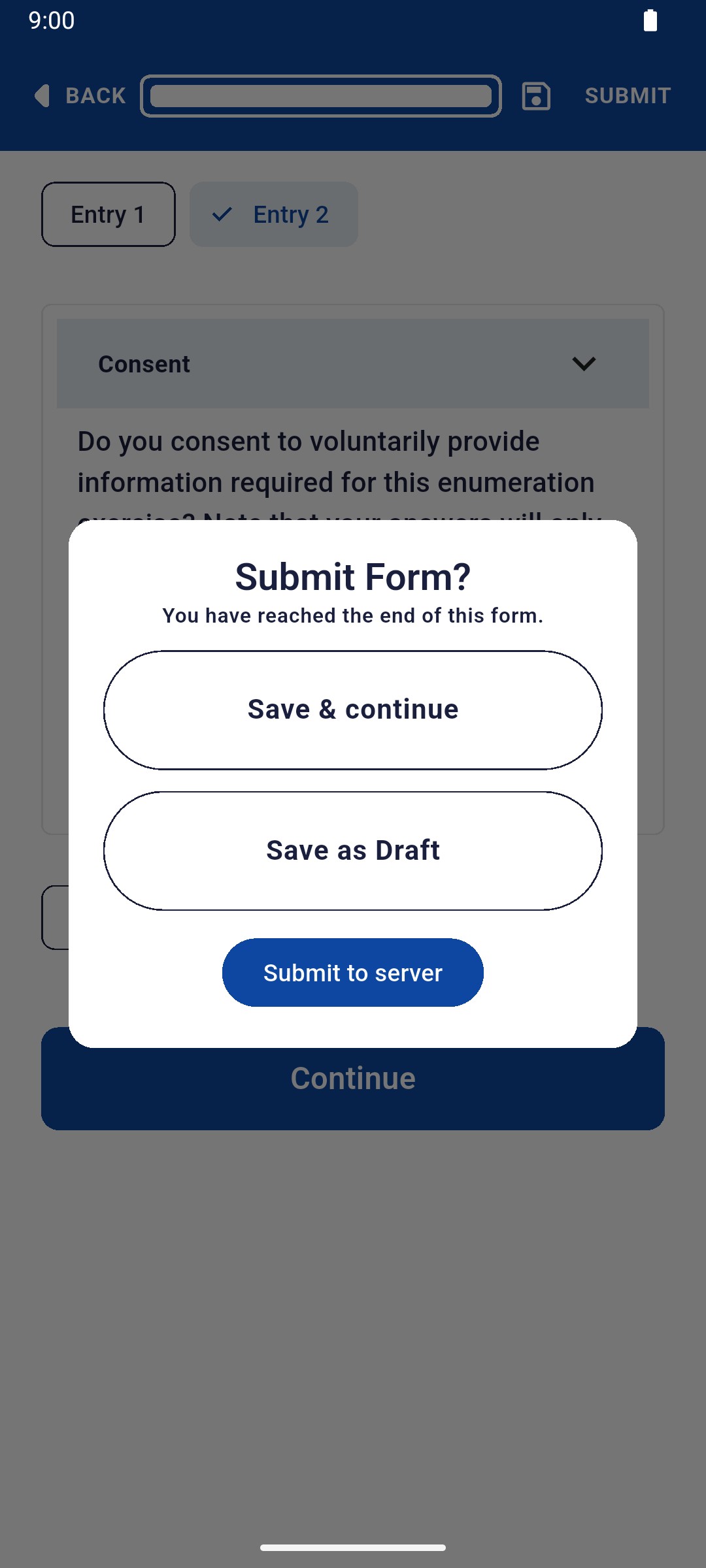 Submit Form dialog with Save & continue, Save as Draft and Submit to server