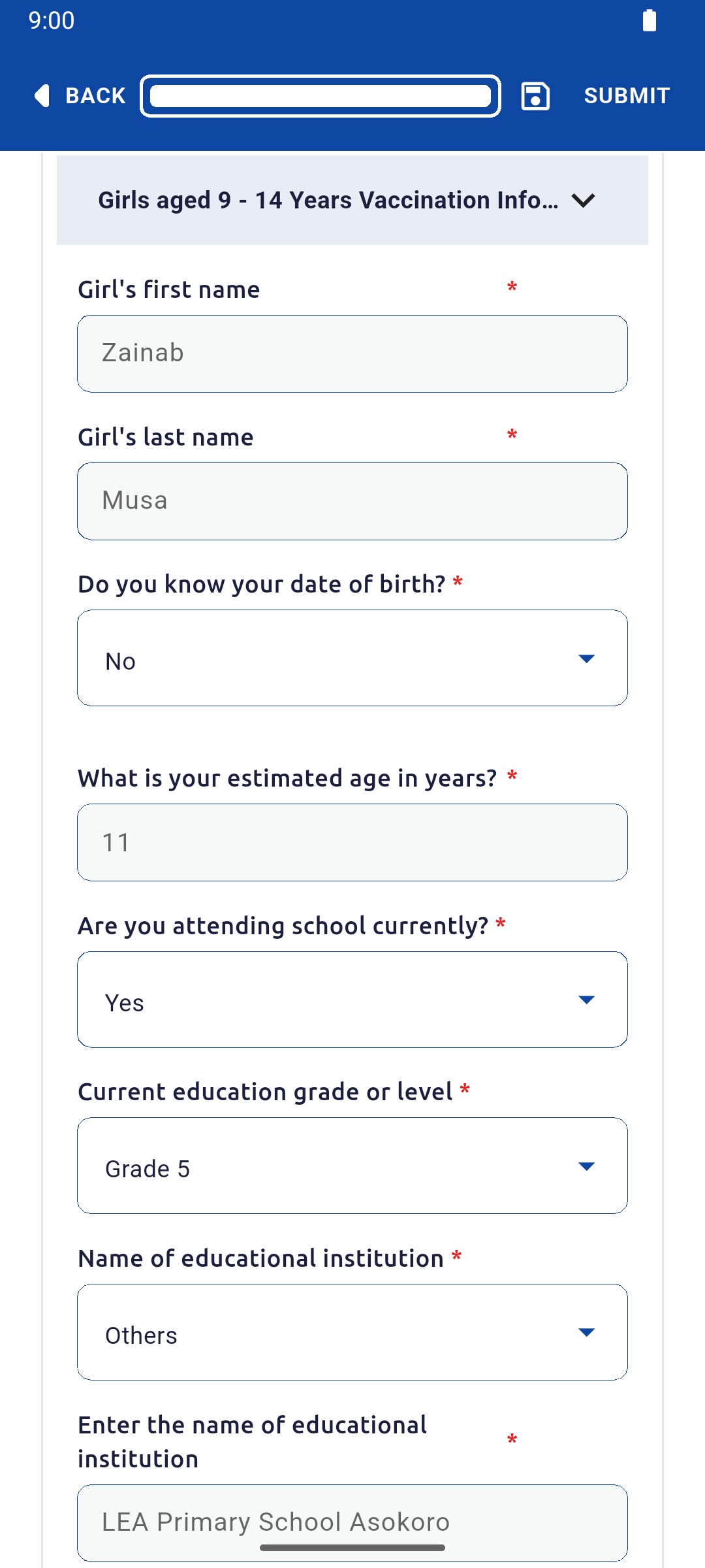 Girls aged 9 to 14 section with name, age 11, attending school, Grade 5 and school entered