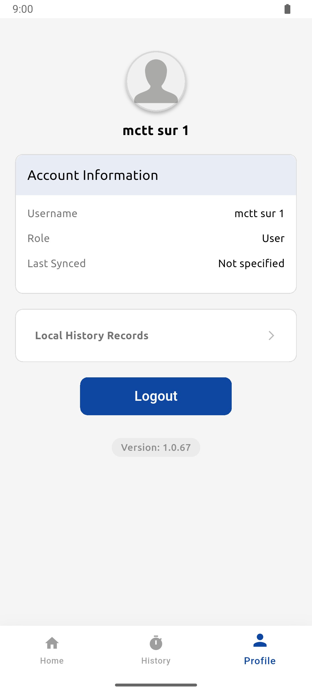 Profile screen with account information and the Logout button