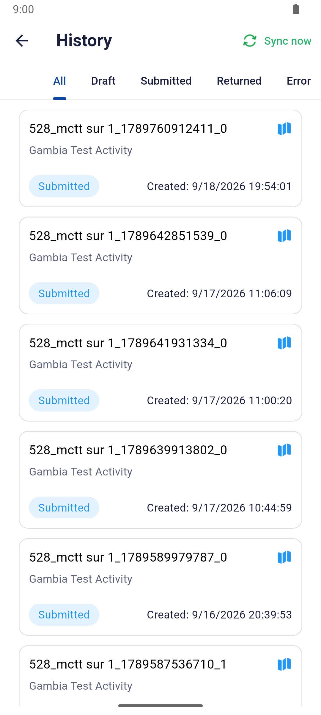 Survey history listing submitted surveys with their creation times