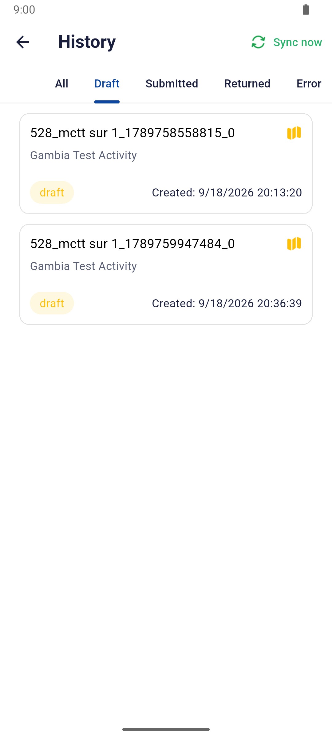 Draft tab listing two drafts for Gambia Test Activity