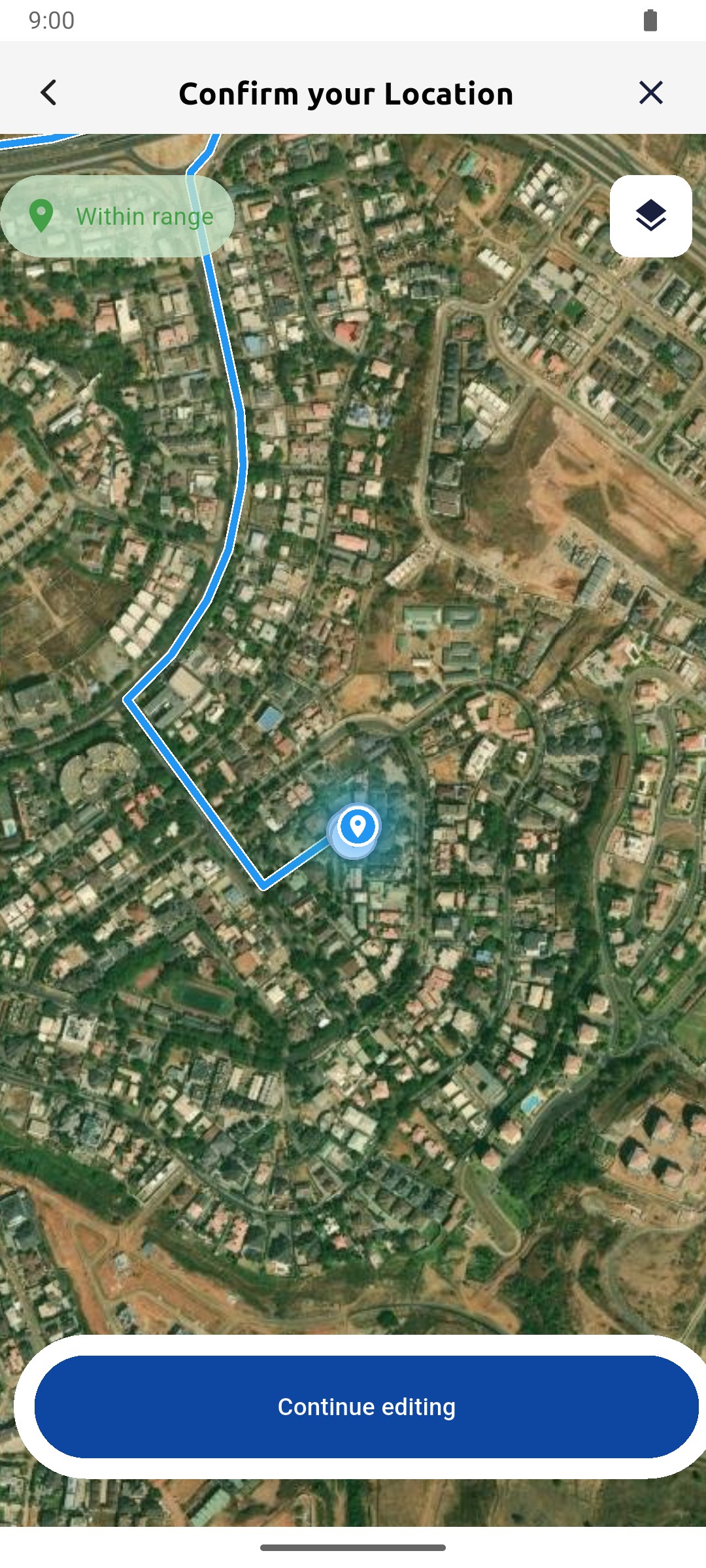 Map with the draft location and the Continue editing button