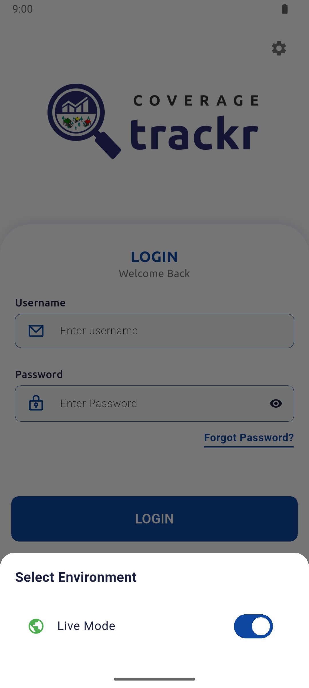 Select Environment panel with the Live Mode switch on