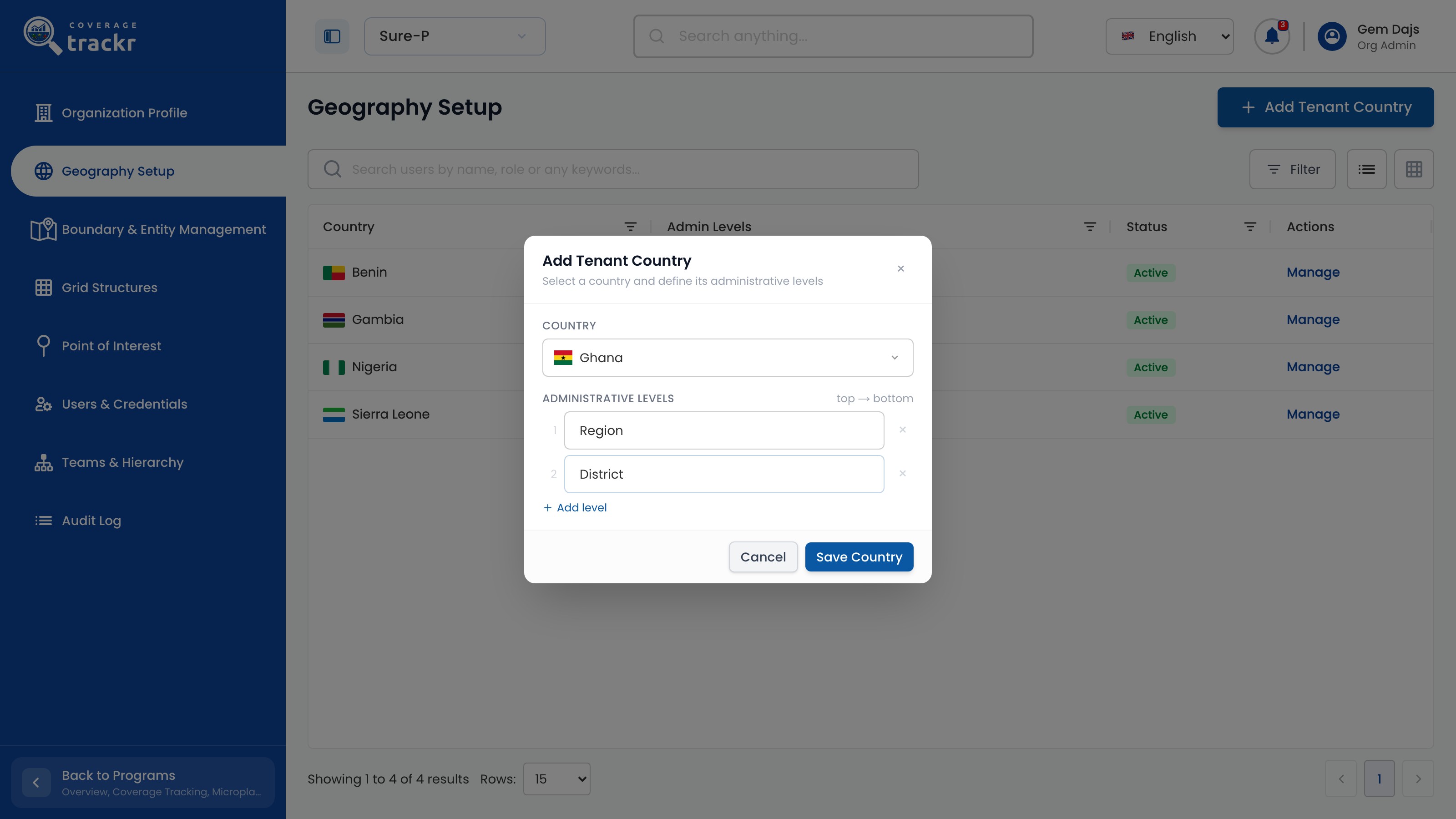 Add Tenant Country dialog with Ghana selected and the levels Region and District entered
