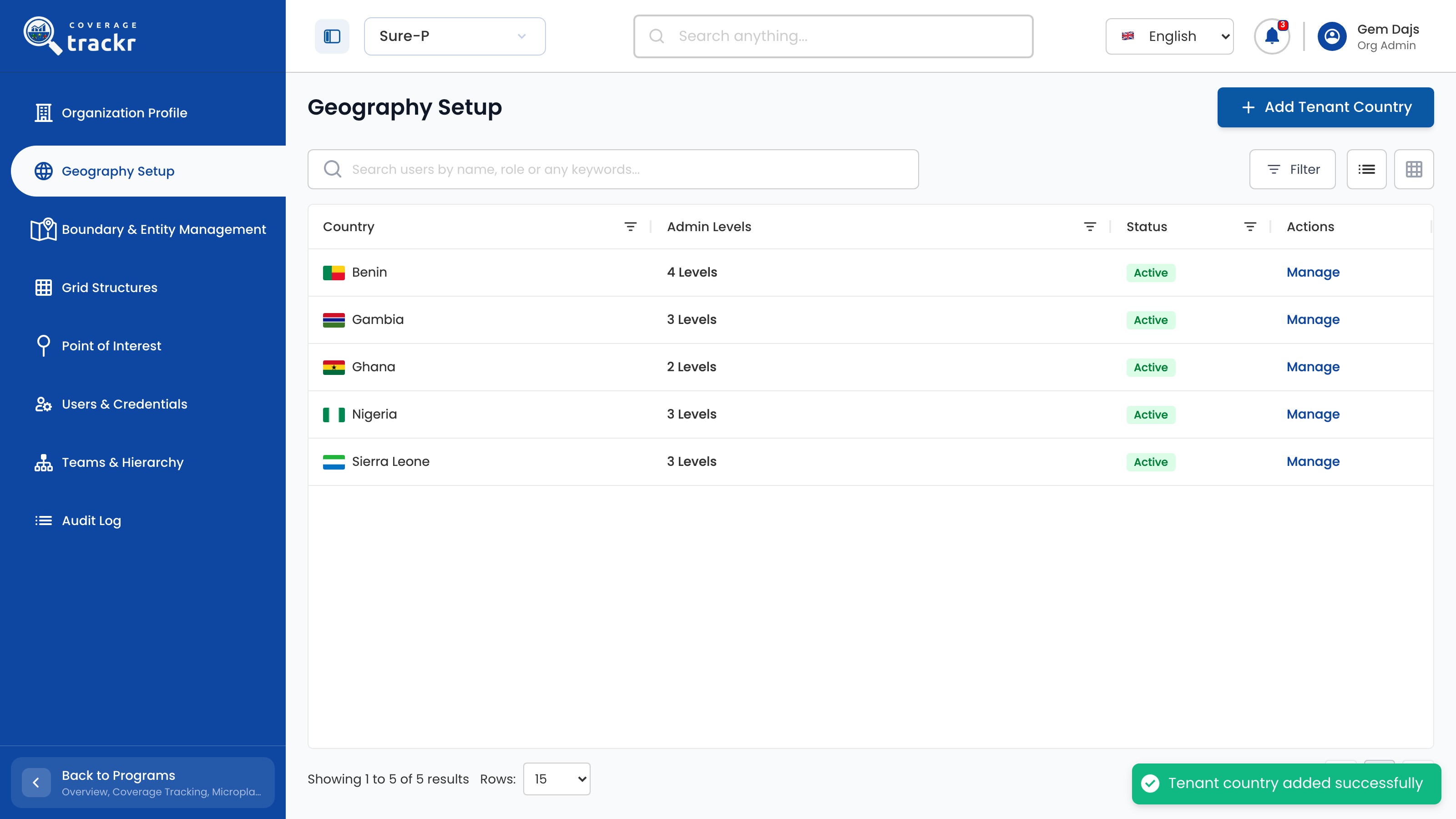 Geography Setup list including Ghana with 2 levels and a success message