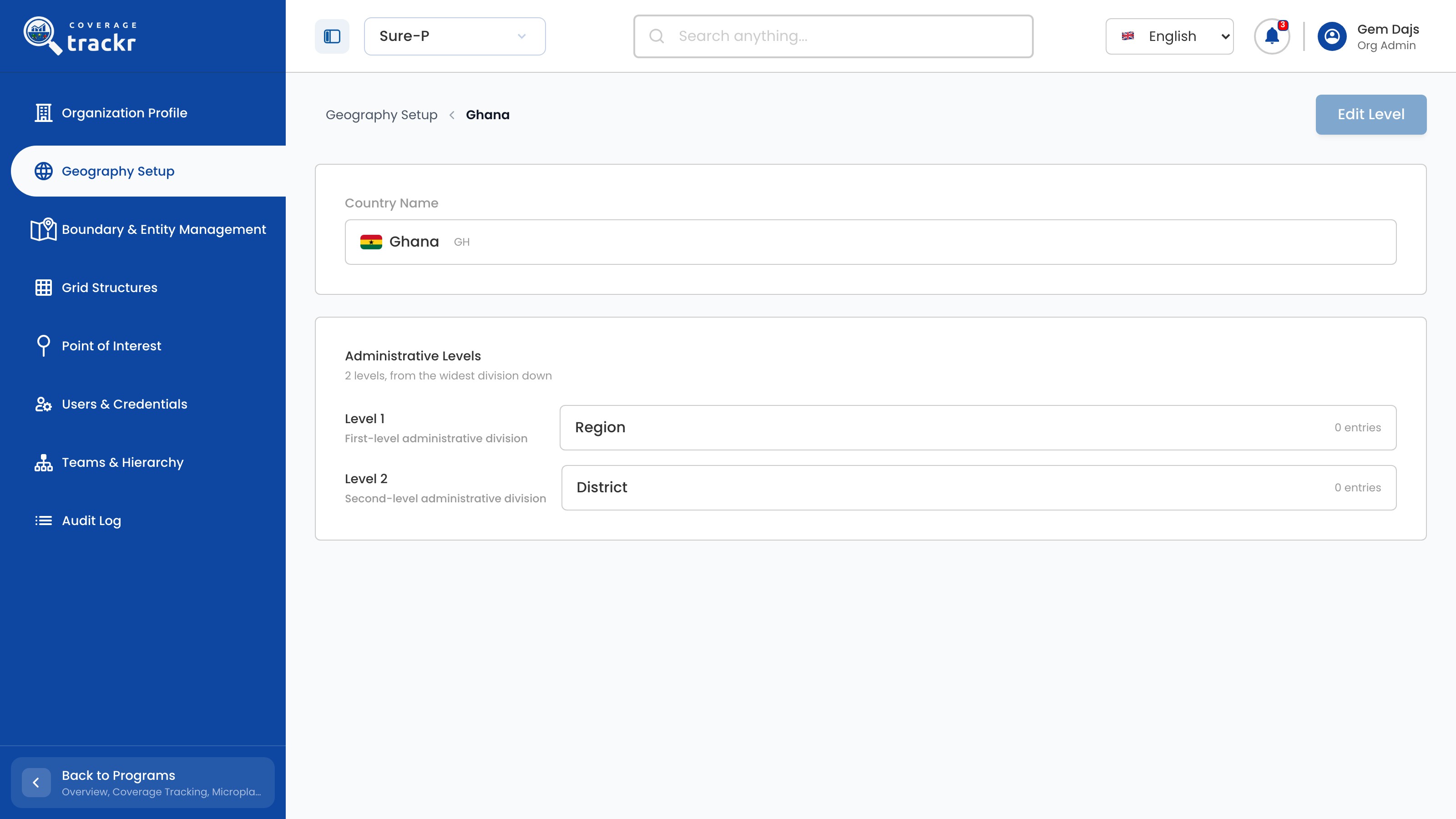 Ghana country page listing Level 1 Region and Level 2 District