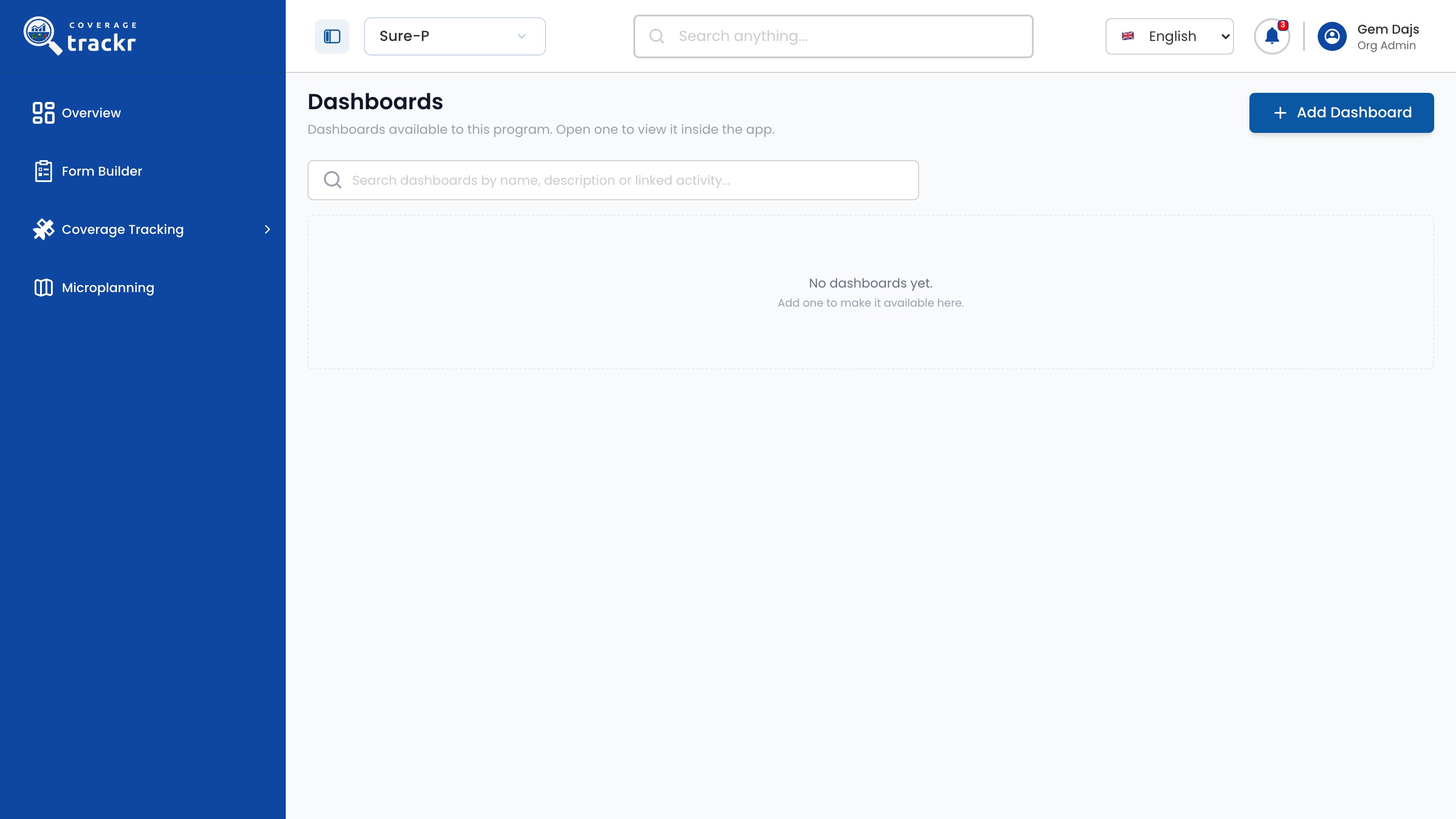 Dashboards page with no dashboards yet