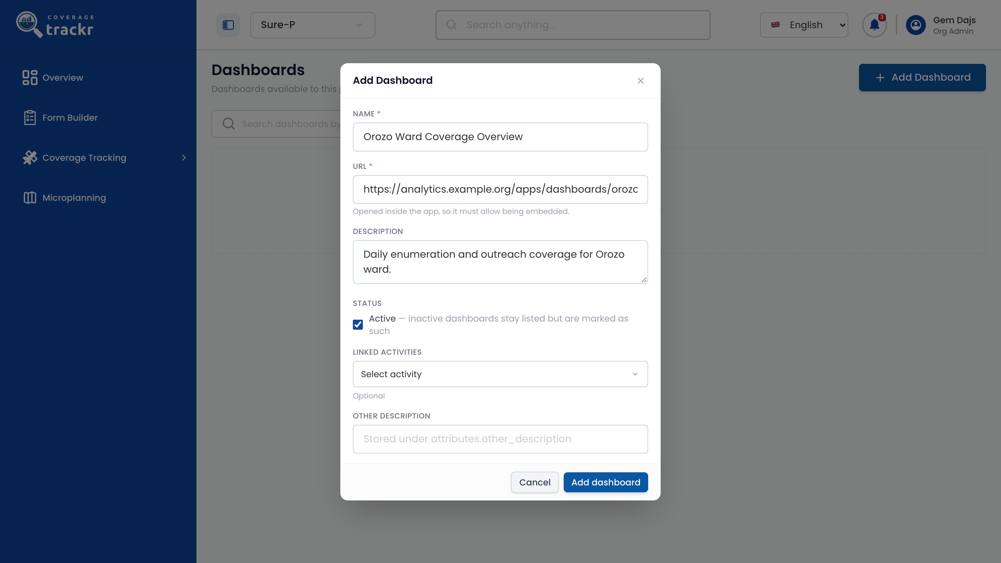 Add Dashboard form with a name, URL and description entered