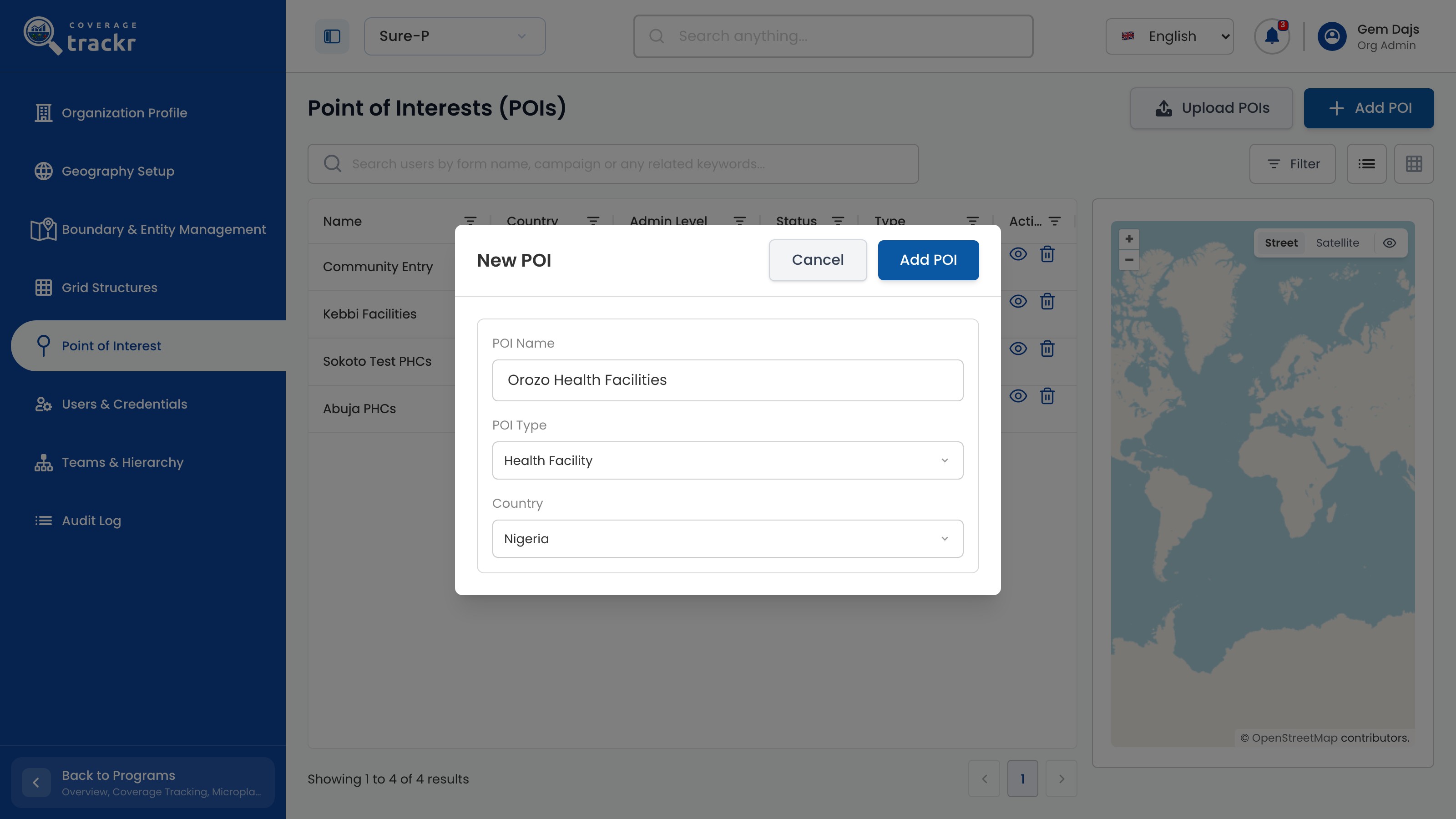 New POI dialog with a name, Health Facility type and Nigeria selected