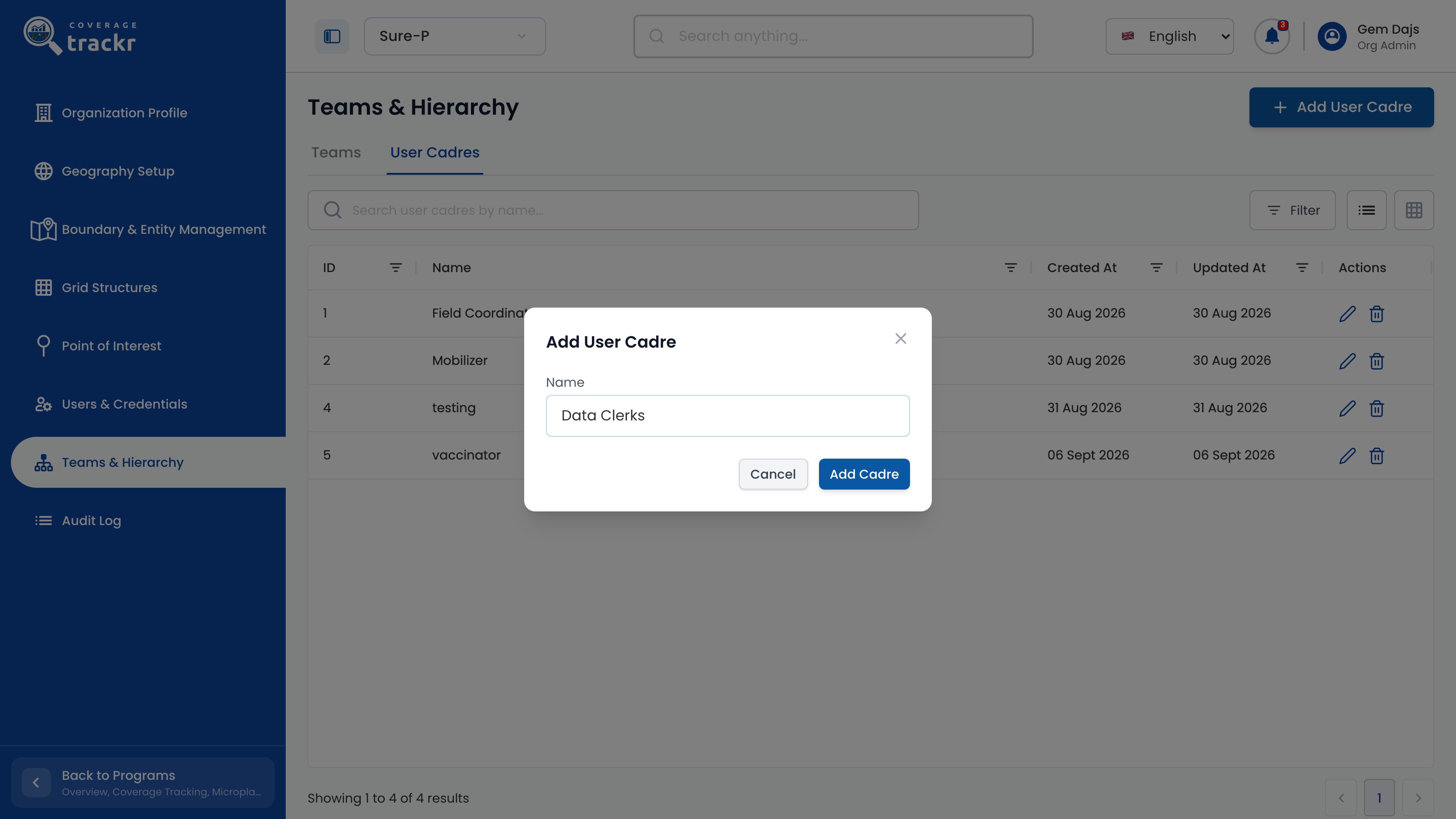 Add User Cadre dialog with the name Data Clerks entered