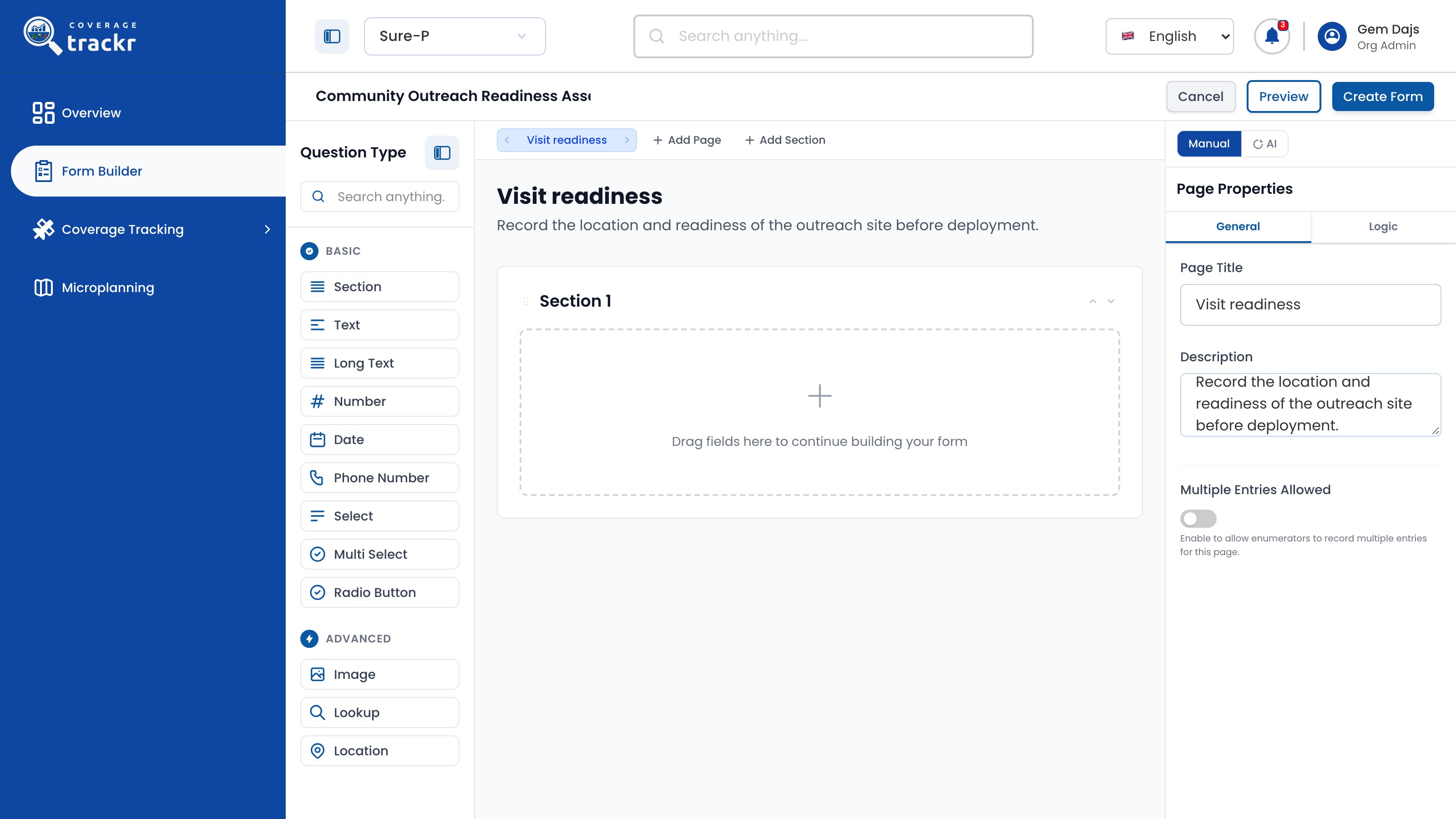 CoverageTrackr new form workspace with the question palette and first page