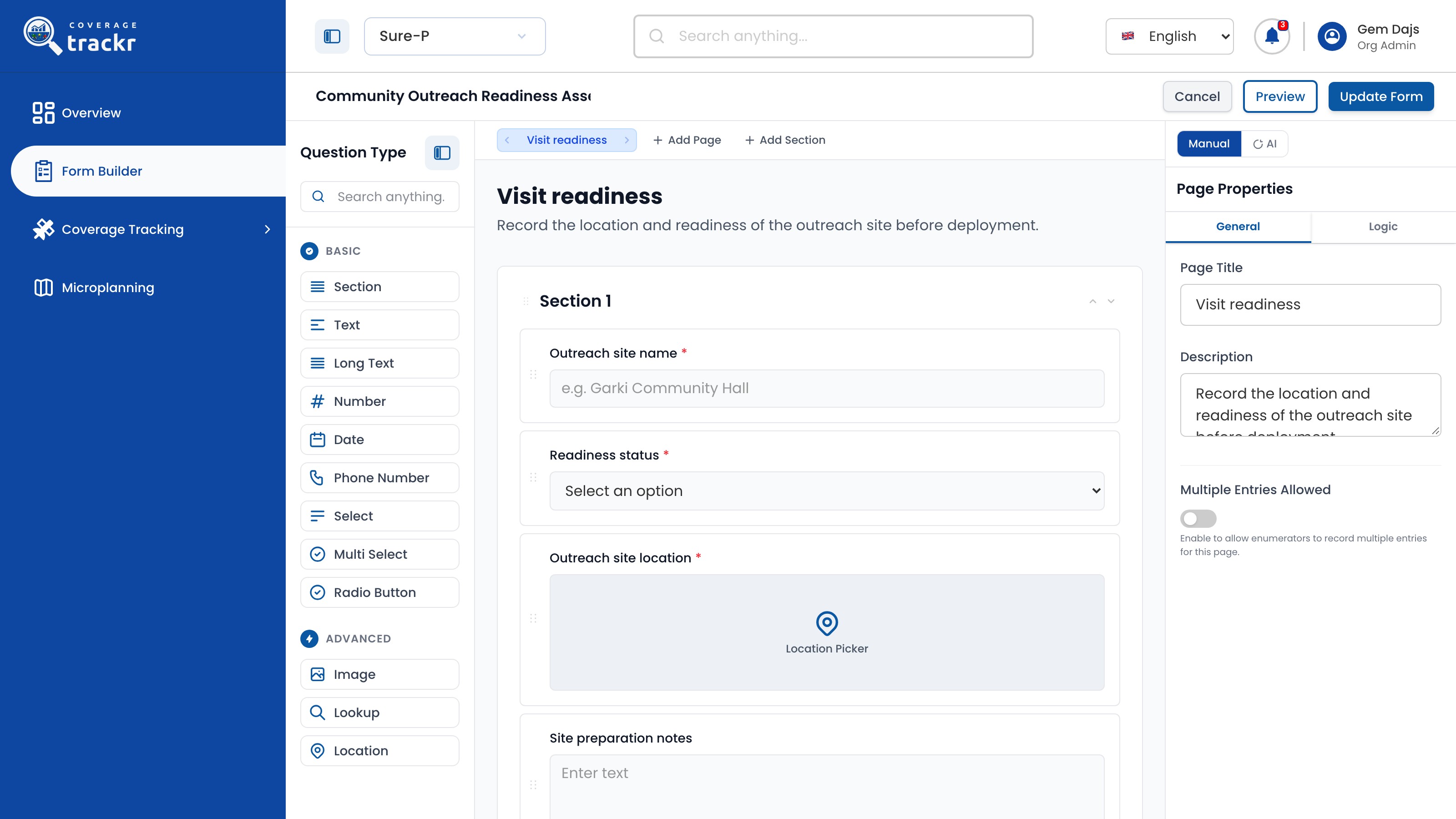 Configured CoverageTrackr form with text, select and location questions