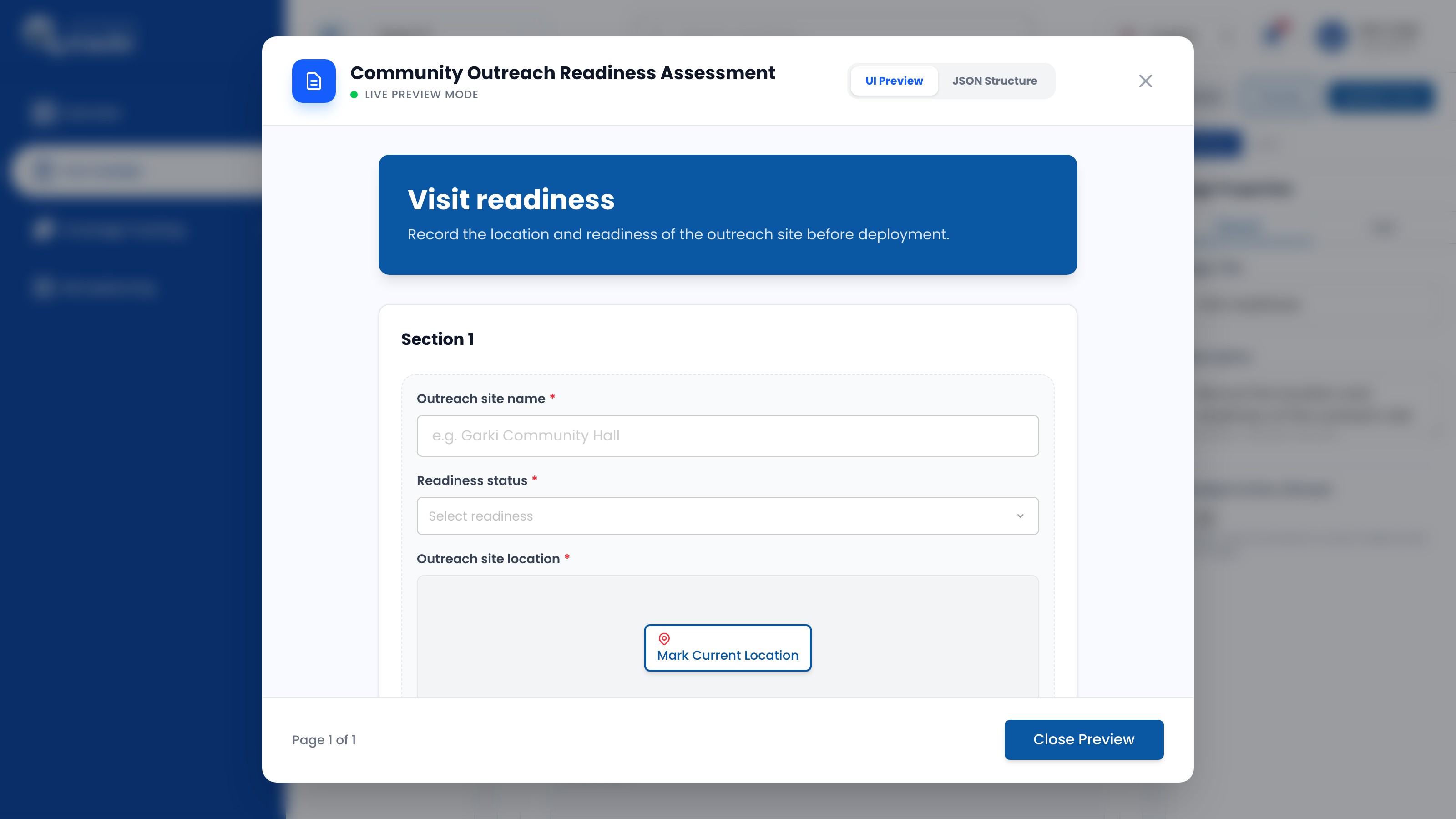 Live Preview Mode for the Community Outreach Readiness Assessment form