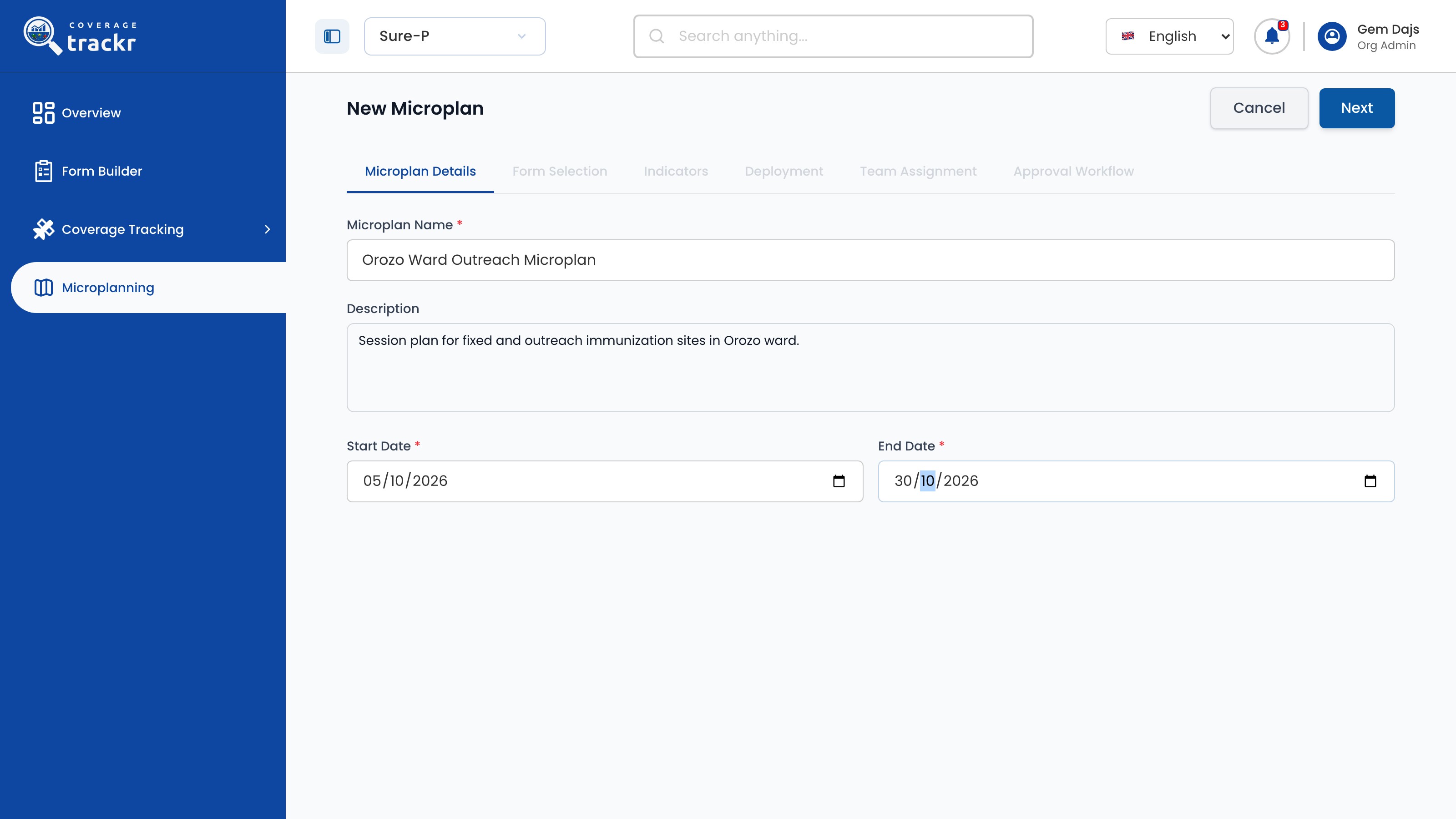 New Microplan details with name, description and dates entered