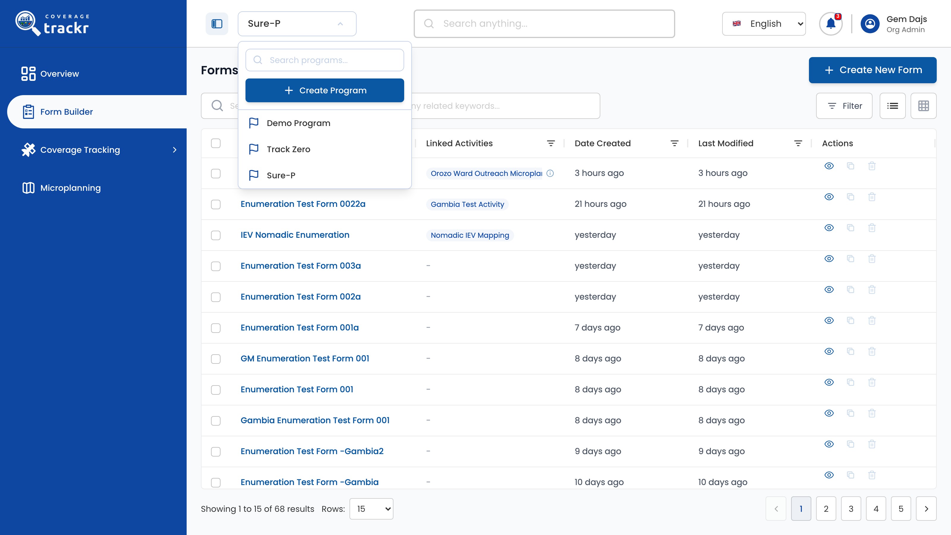Programme selector open with Create Program and the existing programmes