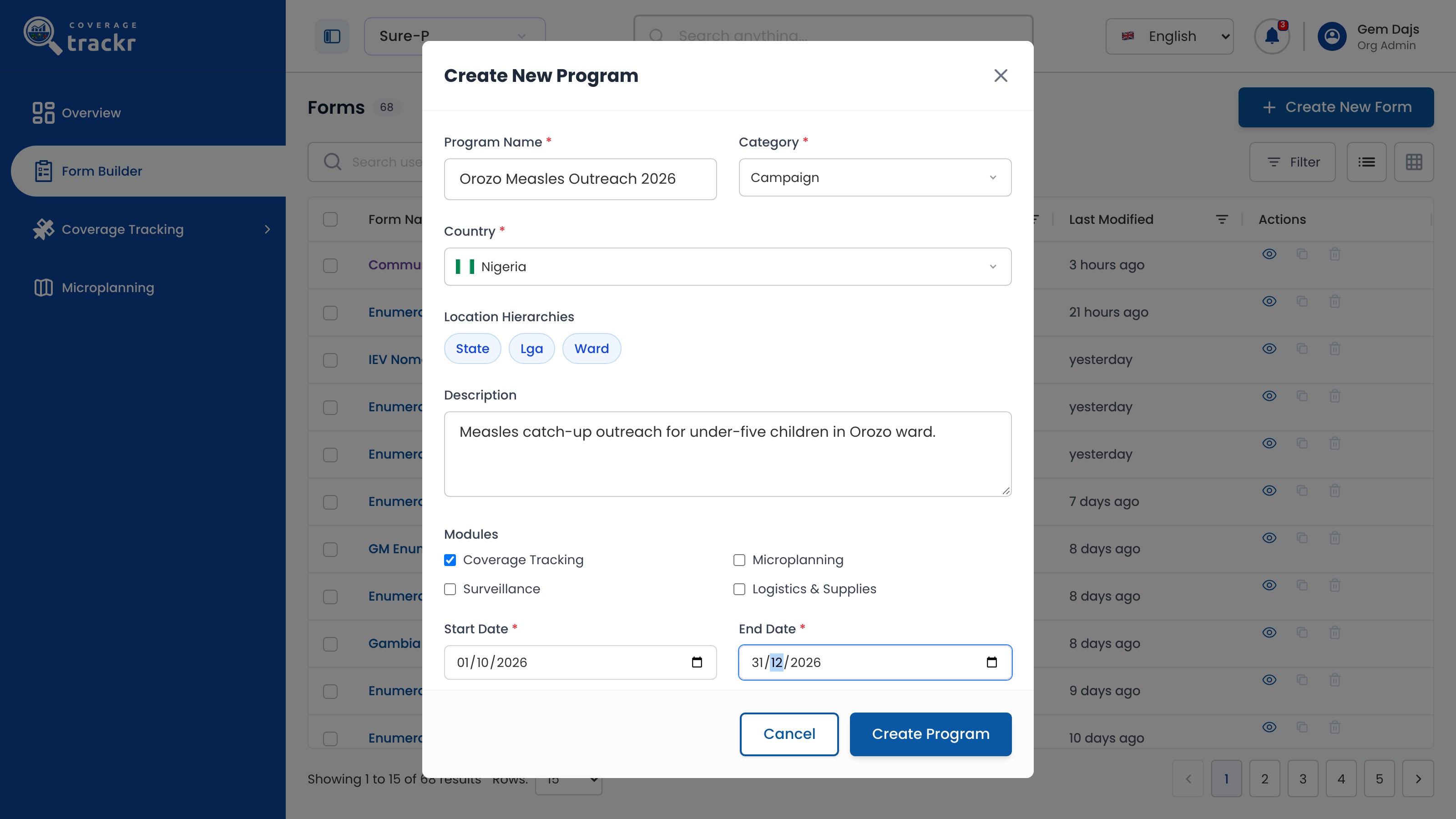 Create New Program form for Orozo Measles Outreach 2026