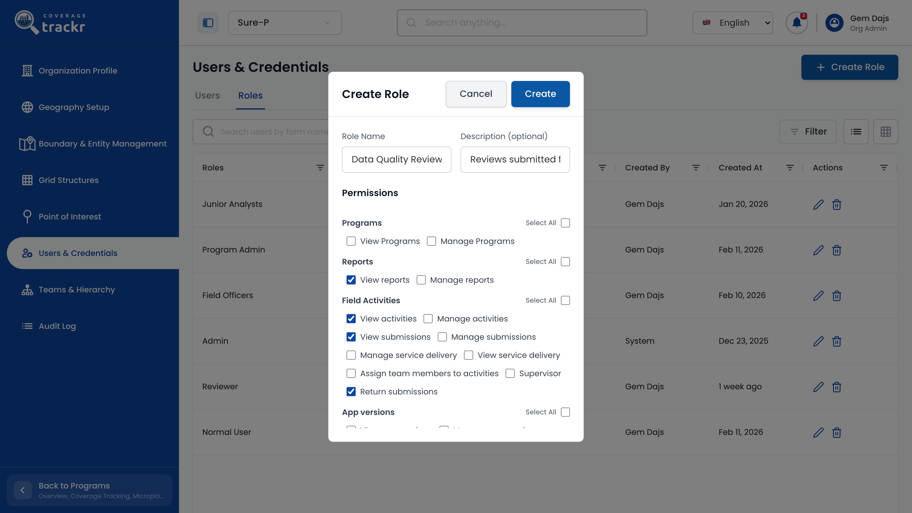 Create Role dialog for Data Quality Reviewer with view and return permissions ticked