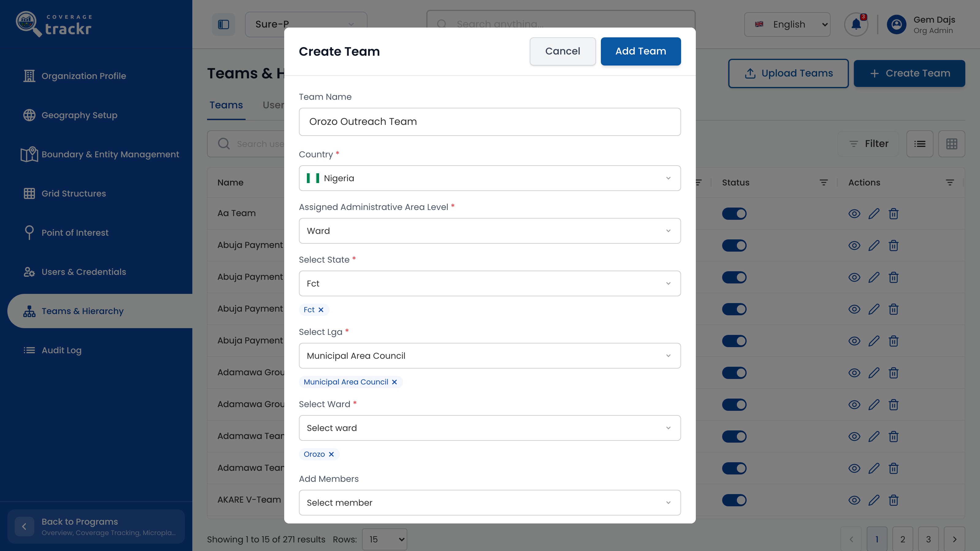 Create Team dialog with the team name, Nigeria, Ward level, Fct, Municipal Area Council and Orozo selected