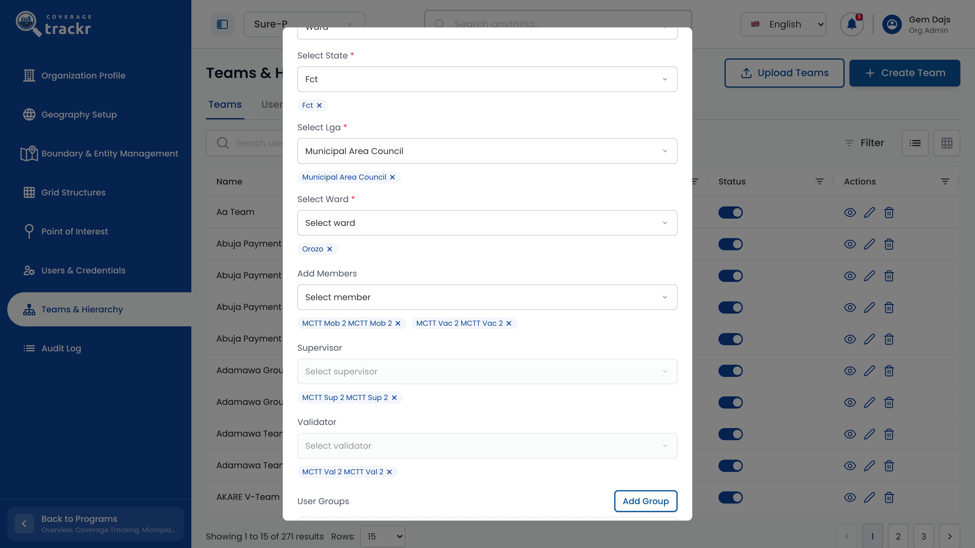 Create Team dialog with two members, a supervisor and a validator selected