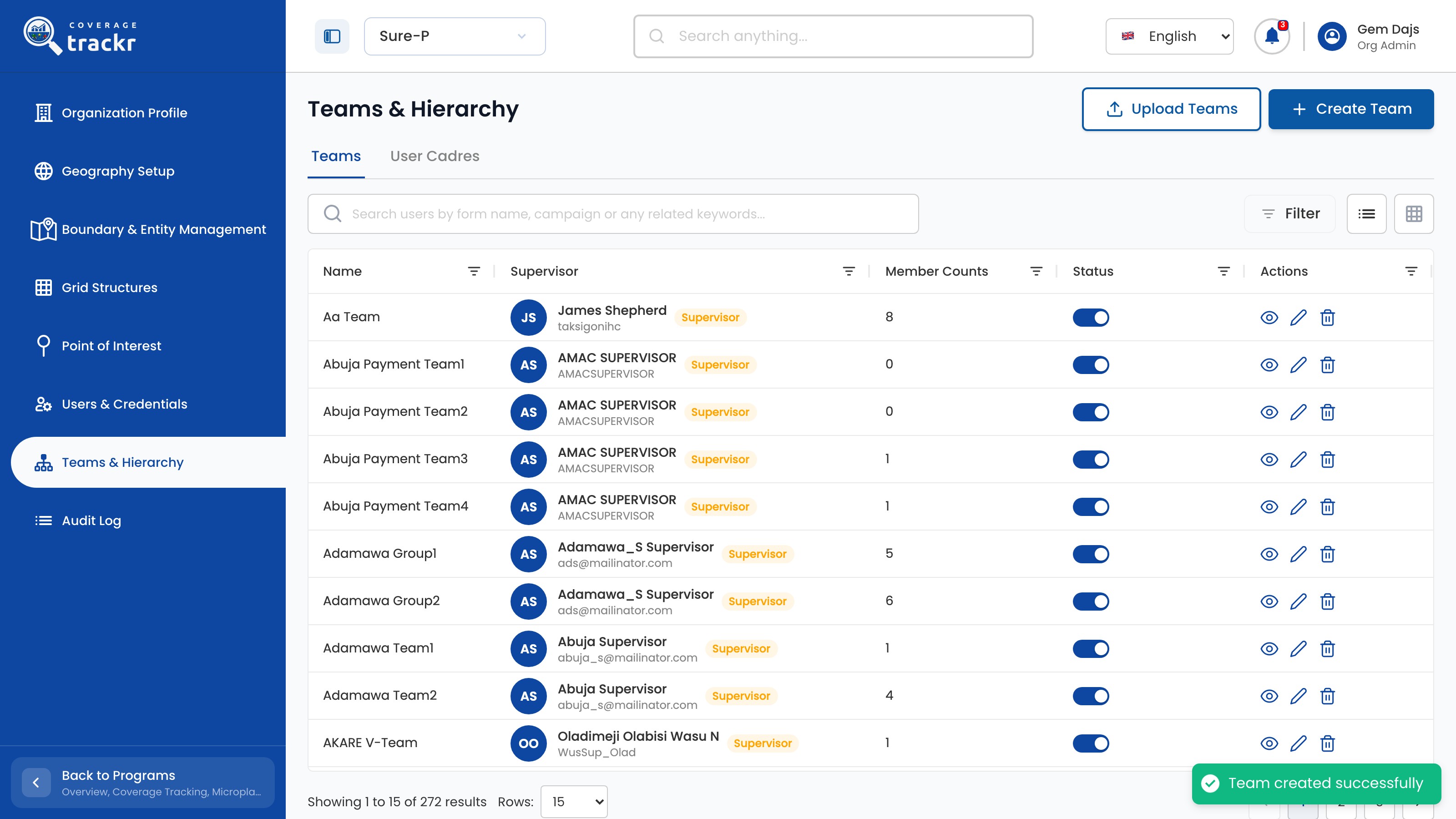 Teams list with a Team created successfully message