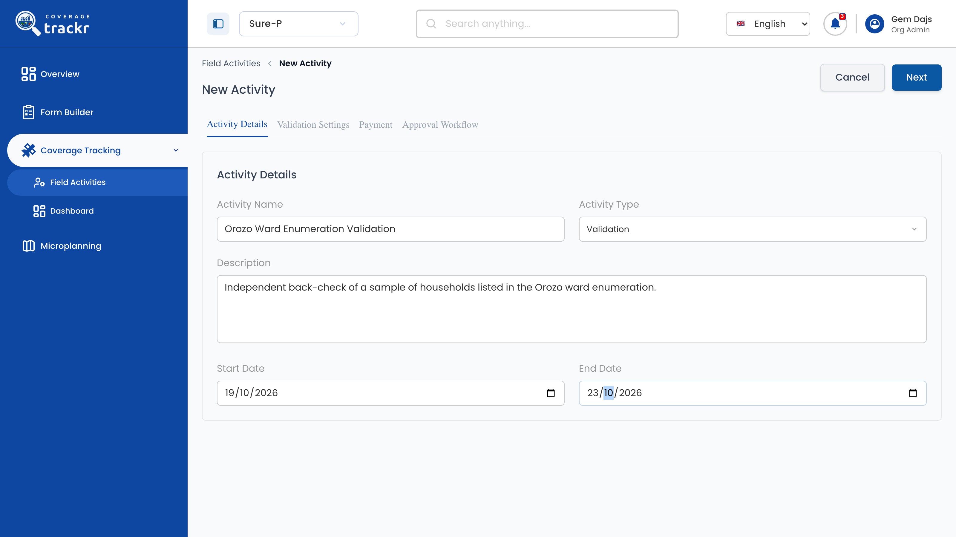 New Activity details for a Validation activity