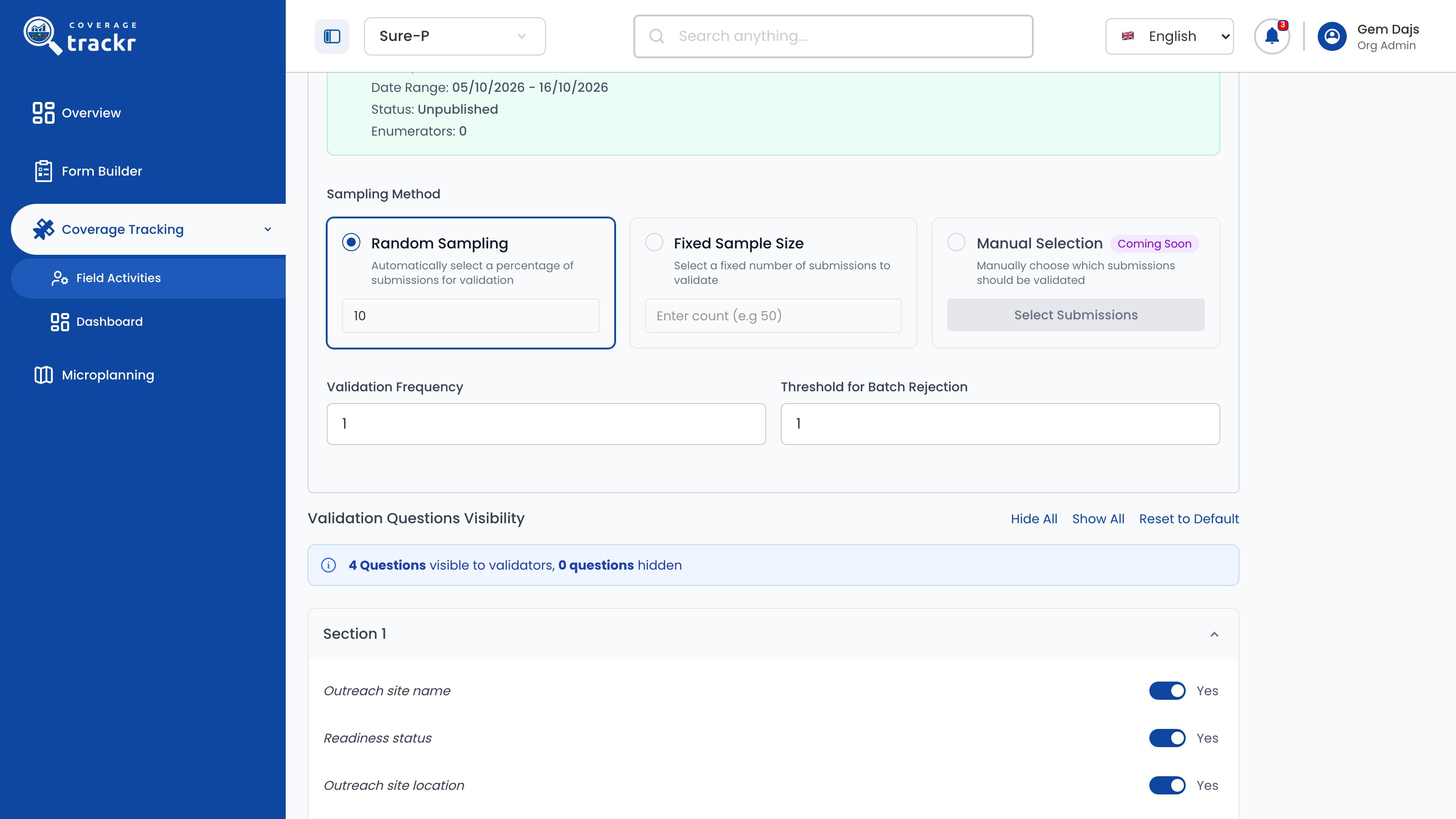 Validation Questions Visibility listing the form's questions