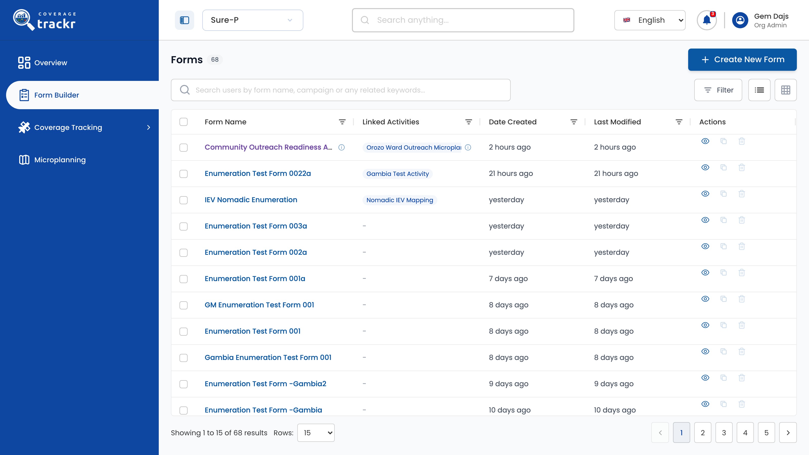 Forms list in Form Builder