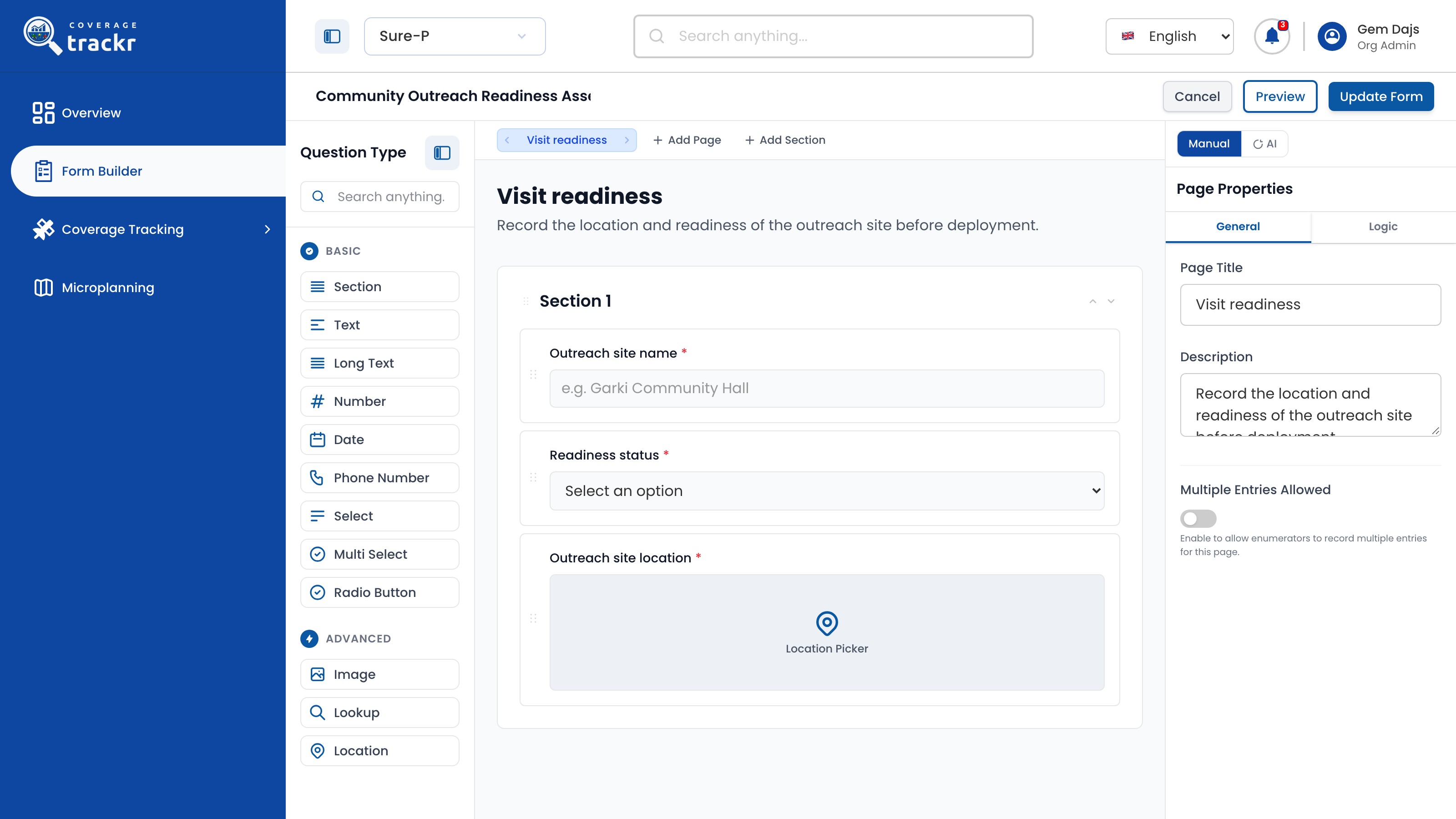 Form editor showing the Visit readiness page and its questions