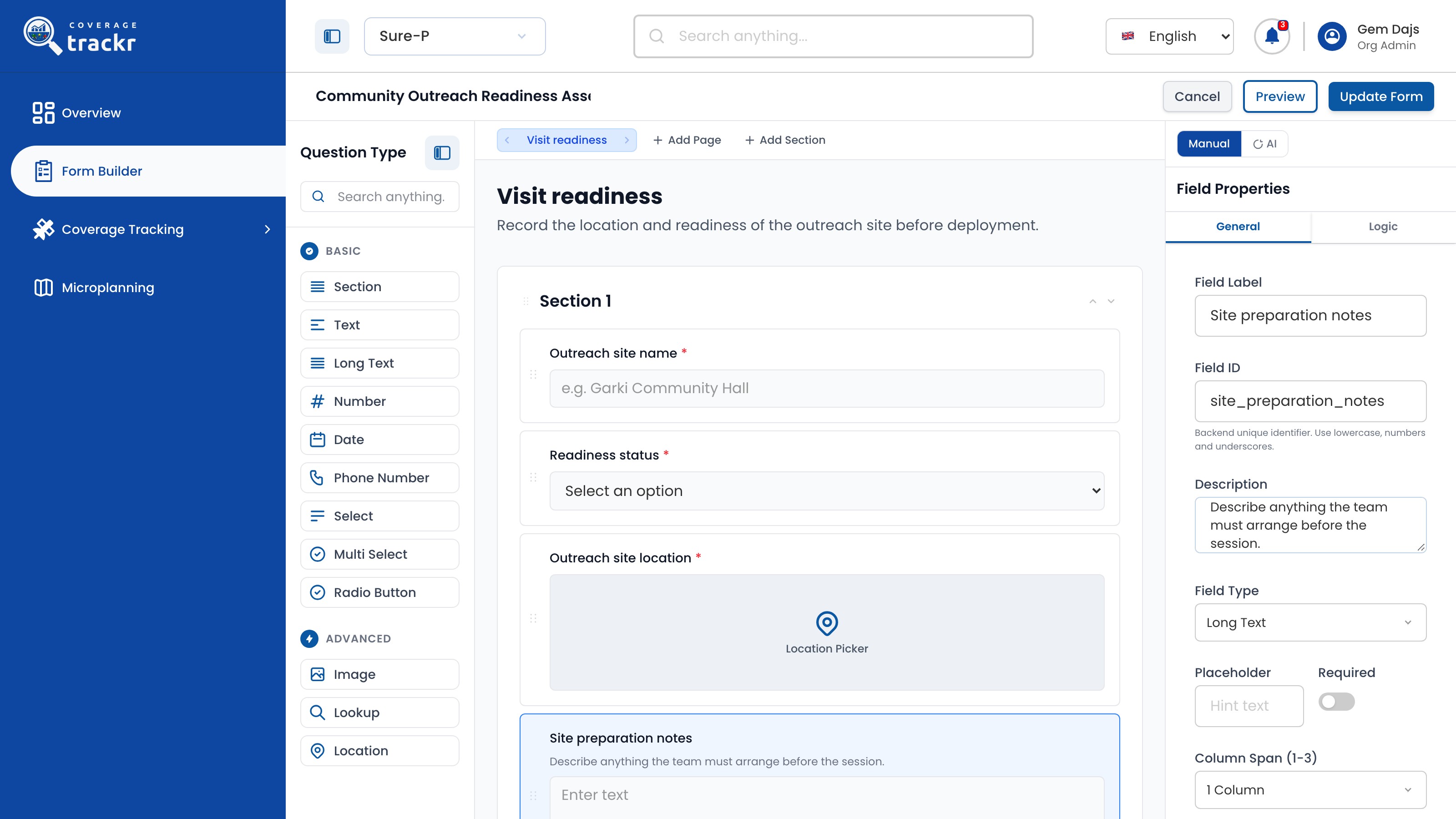 New Long Text question Site preparation notes with its field ID and description