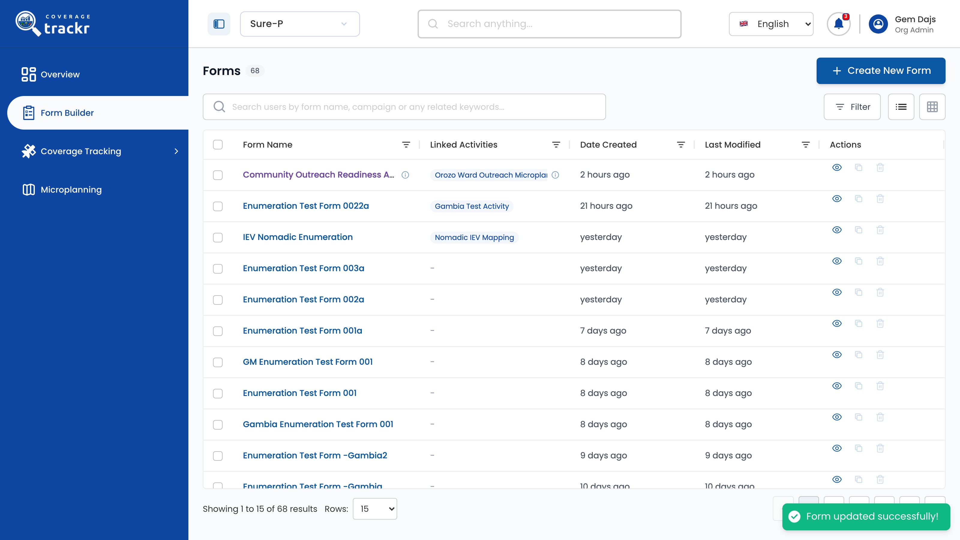 Forms list with a Form updated successfully message