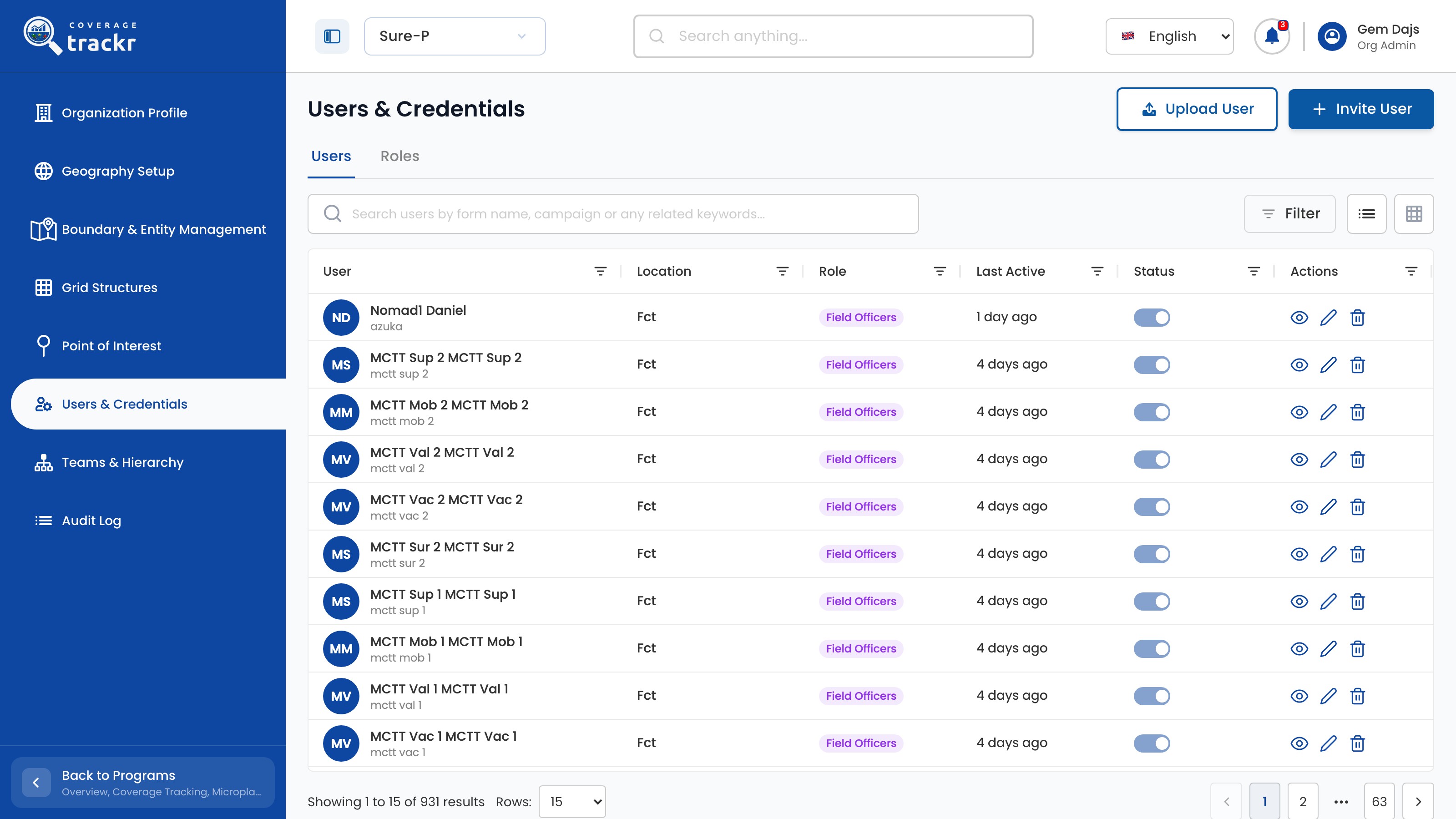 Users & Credentials list with the Invite User button