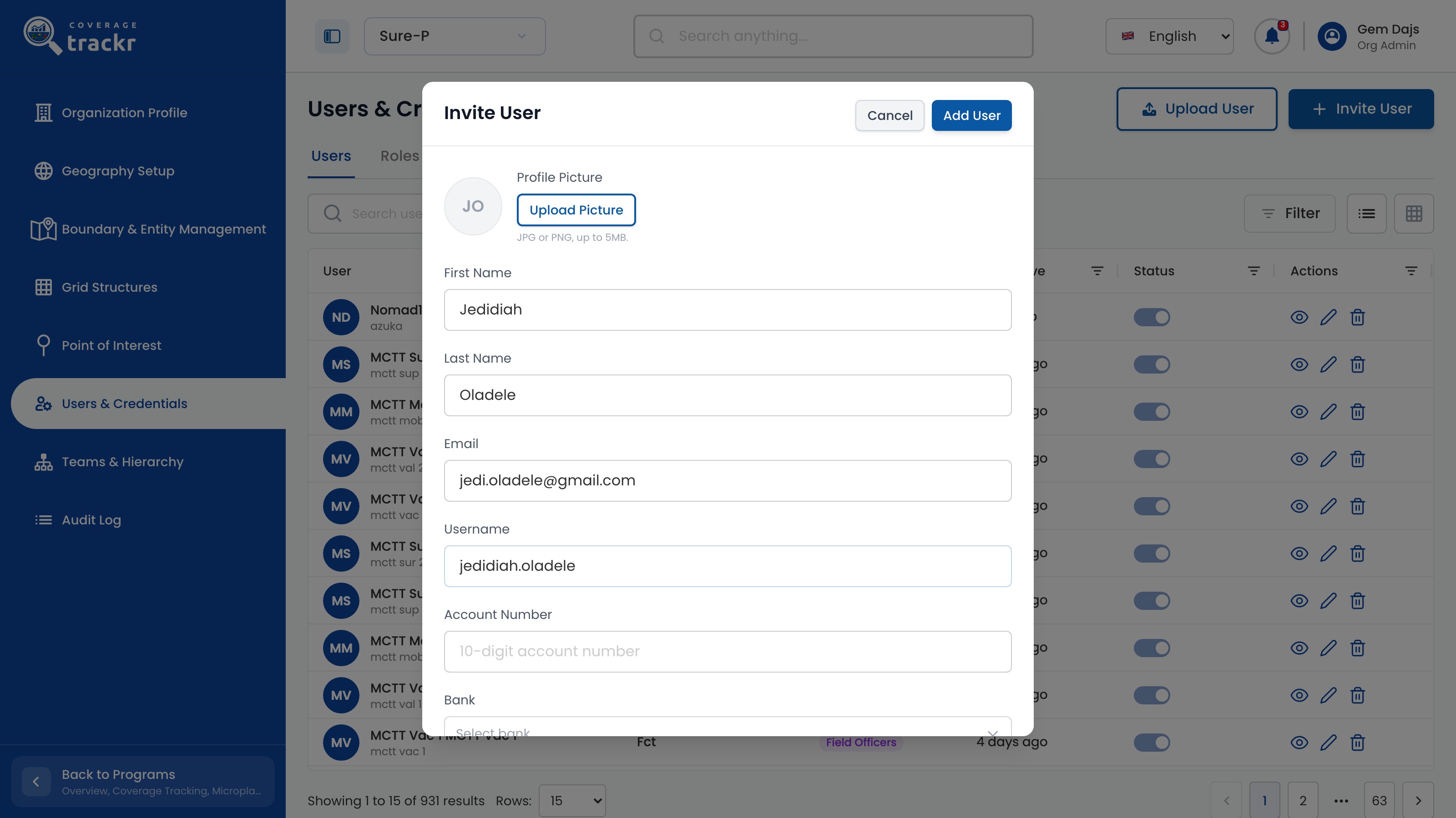 Invite User form with first name, last name, email address and username entered