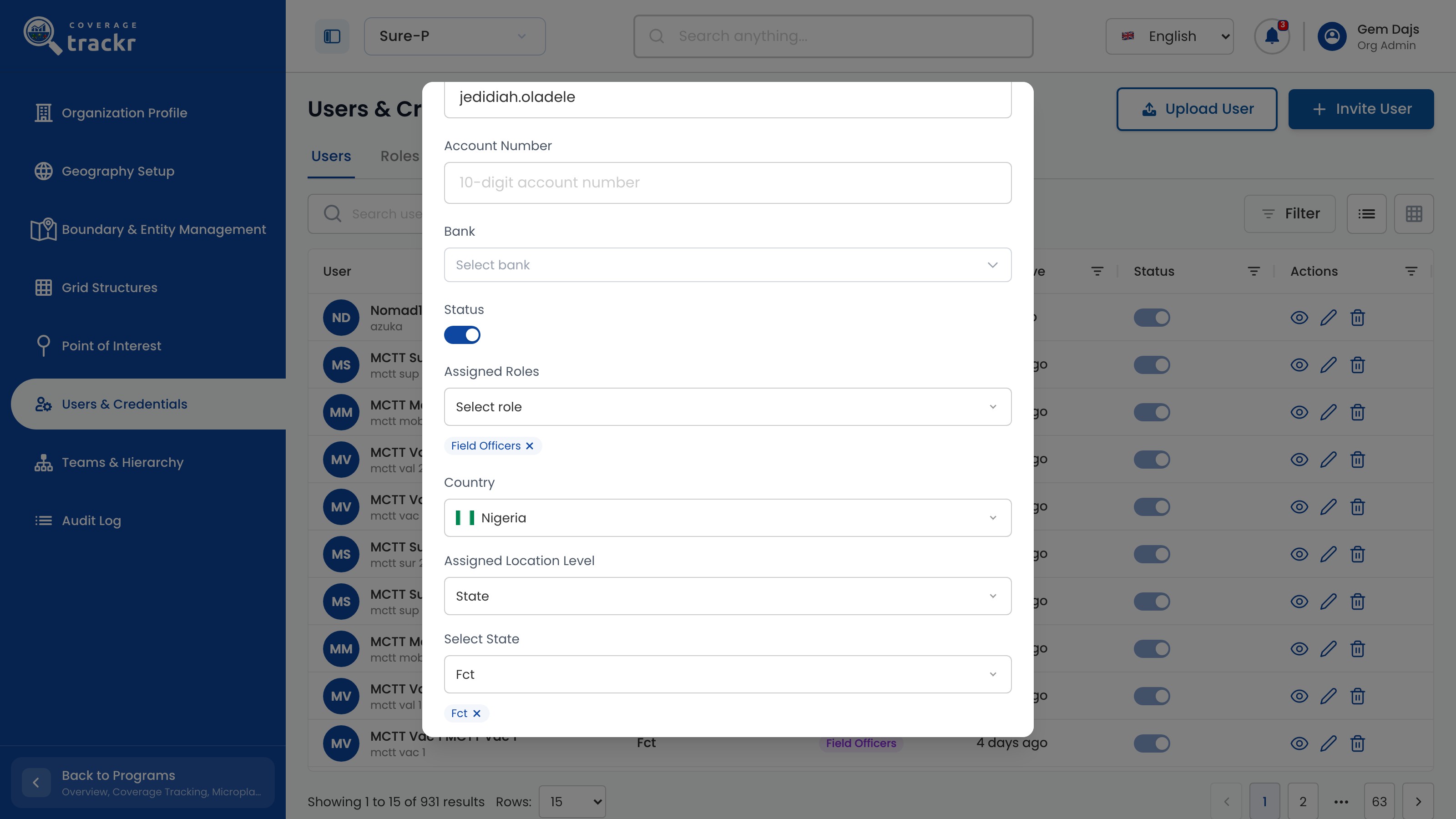 Invite User form with Field Officers role, Nigeria, State level and Fct selected