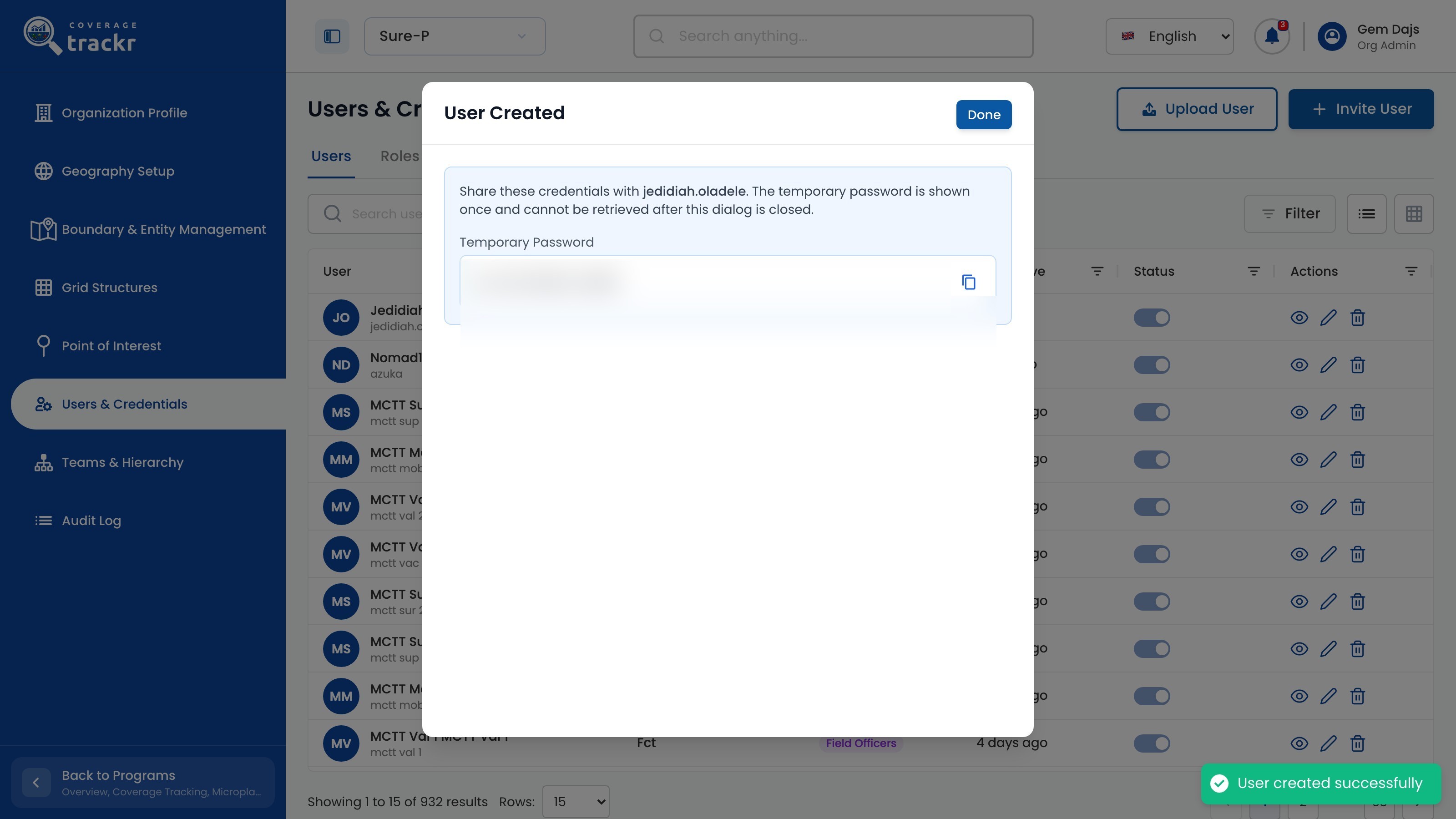 User Created dialog with the temporary password hidden