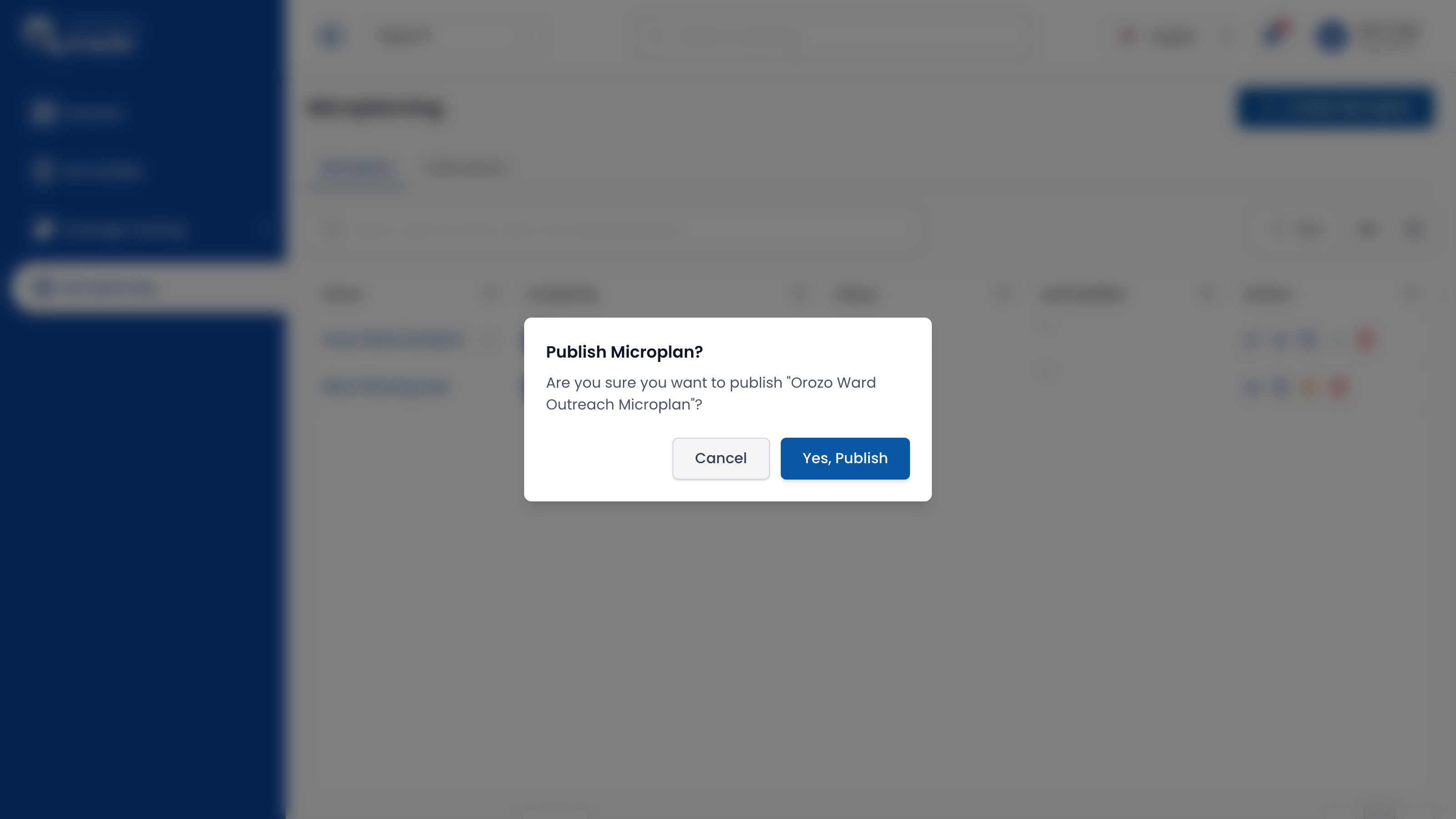 Publish Microplan confirmation dialog