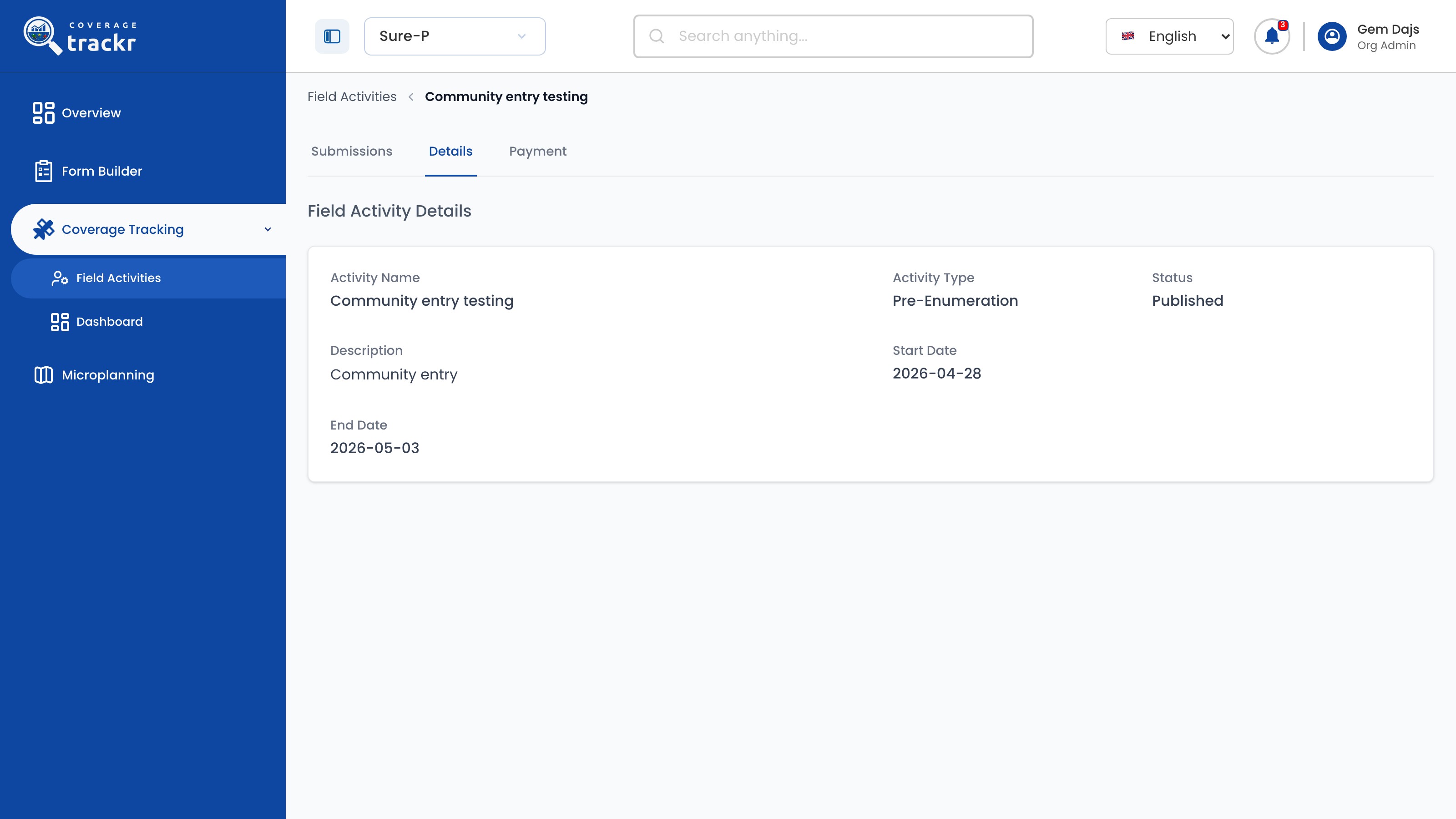 Published CoverageTrackr field activity with its Details tab open