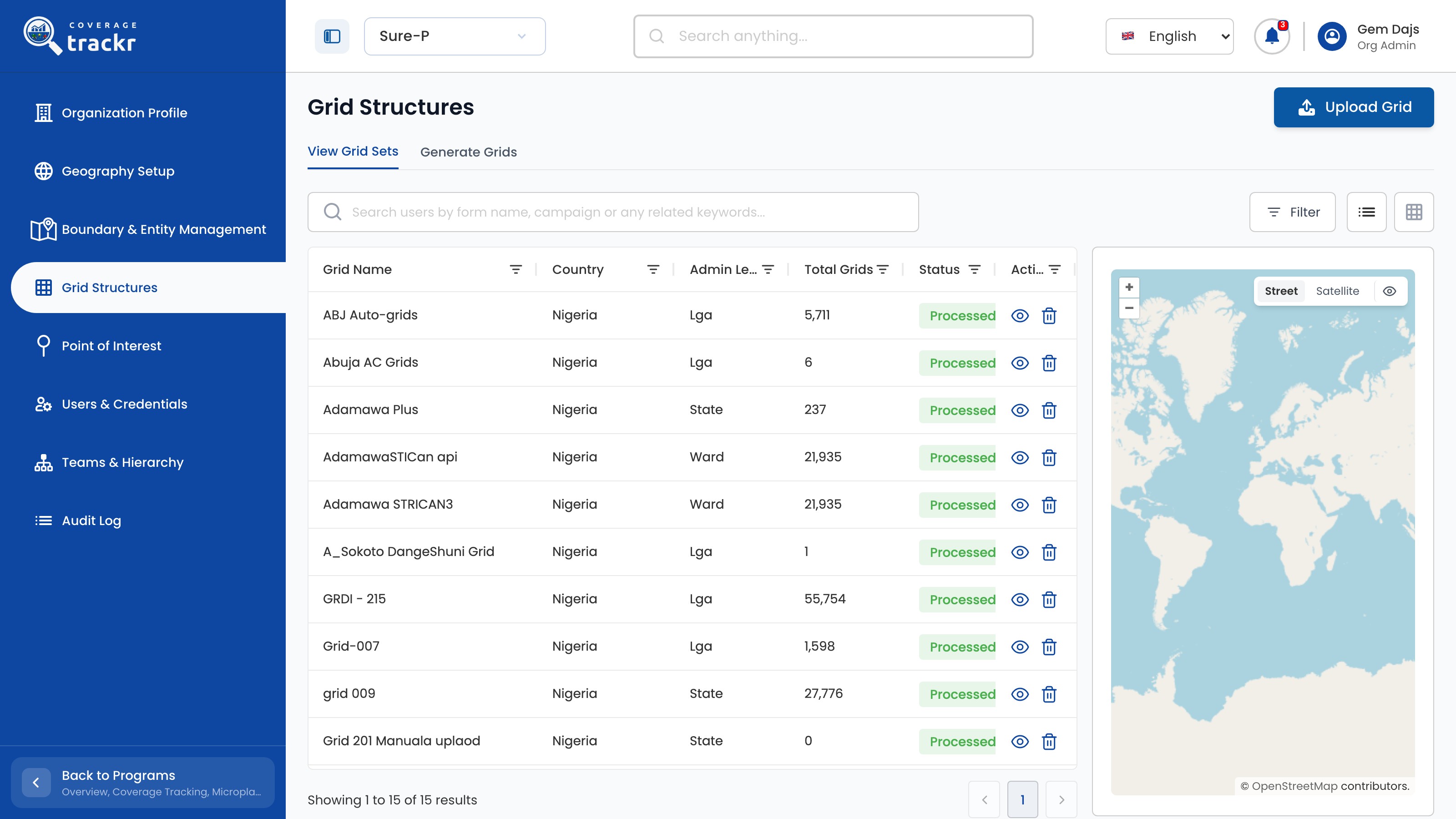 Grid Structures list with grid totals, Processed status and a map